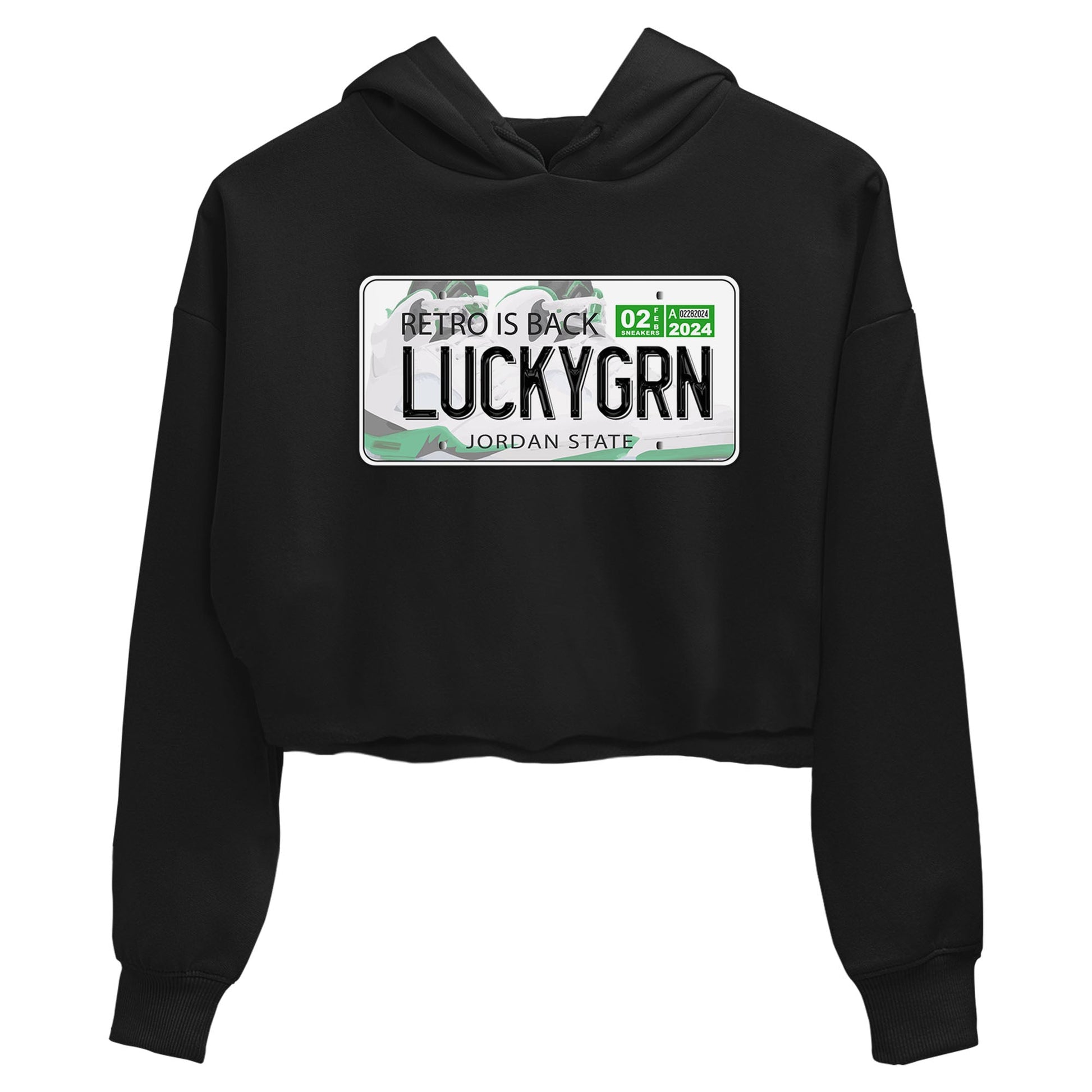 5s Lucky Green shirt to match jordans Jordan Plate sneaker tees Air Jordan 5 Lucky Green SNRT Sneaker Release Tees Black 2 crop length shirt