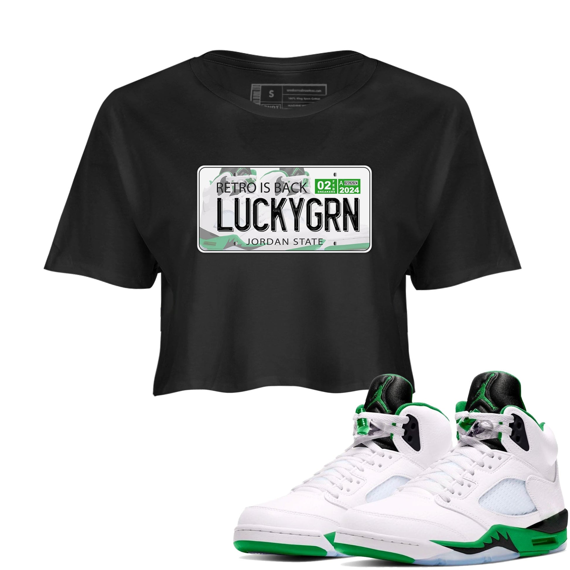 5s Lucky Green shirt to match jordans Jordan Plate sneaker tees Air Jordan 5 Lucky Green SNRT Sneaker Release Tees Black 1 crop length shirt