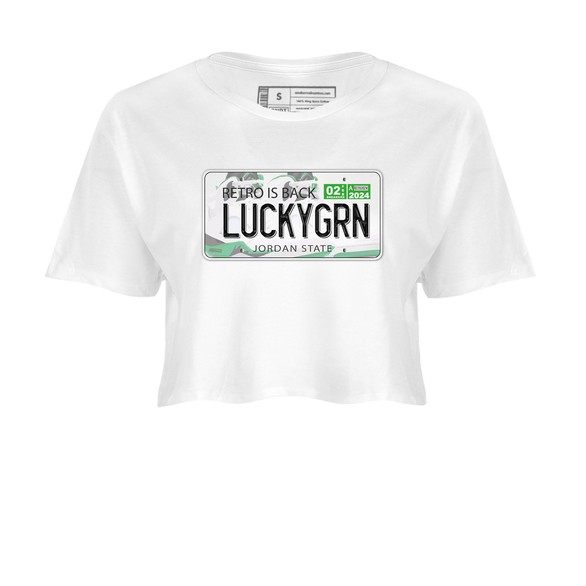5s Lucky Green shirt to match jordans Jordan Plate sneaker tees Air Jordan 5 Lucky Green SNRT Sneaker Release Tees White 2 crop length shirt