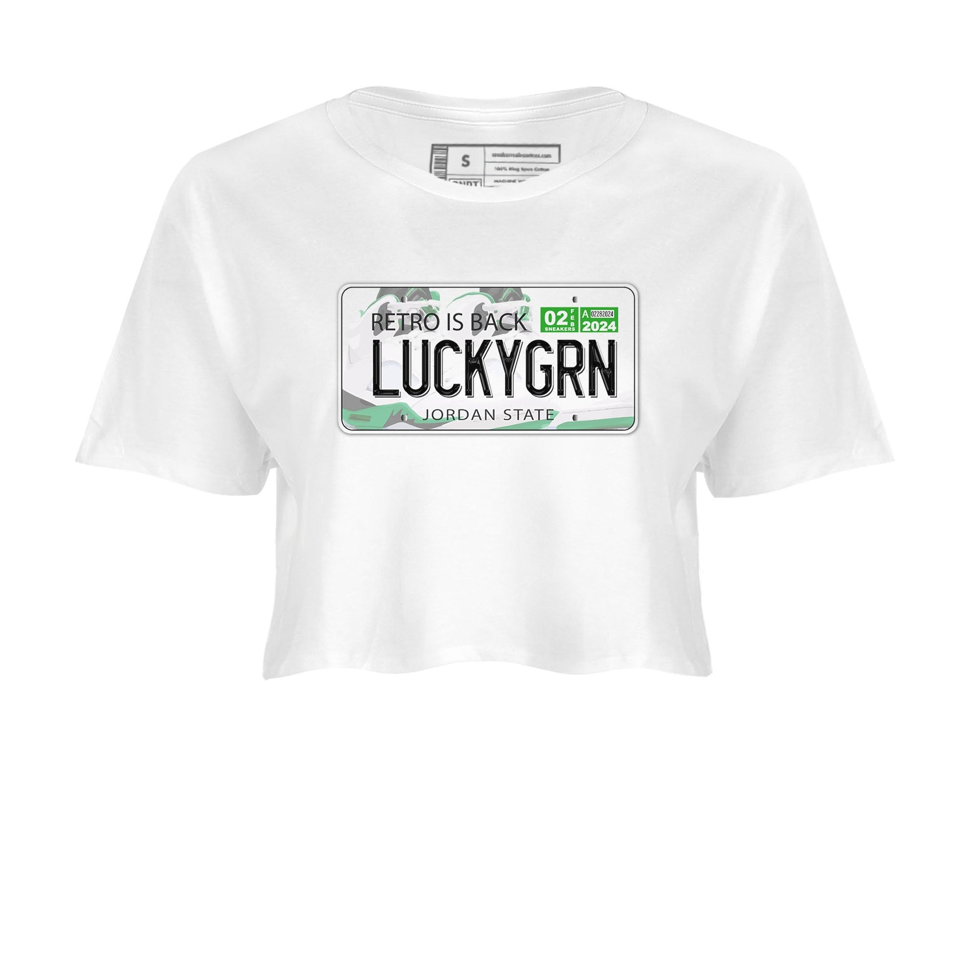 5s Lucky Green shirt to match jordans Jordan Plate sneaker tees Air Jordan 5 Lucky Green SNRT Sneaker Release Tees White 2 crop length shirt