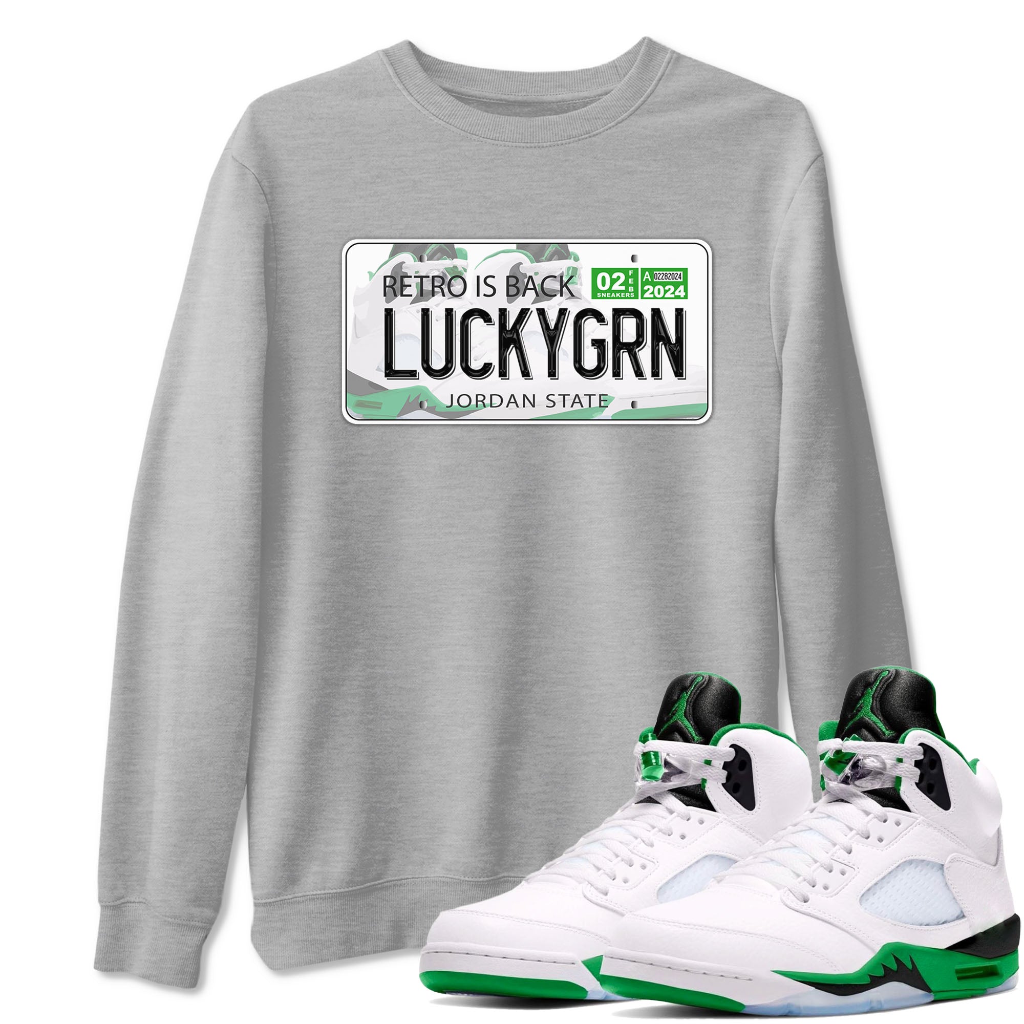 5s Lucky Green shirt to match jordans Jordan Plate sneaker tees Air Jordan 5 Lucky Green SNRT Sneaker Release Tees unisex cotton Heather Grey 1 crew neck shirt