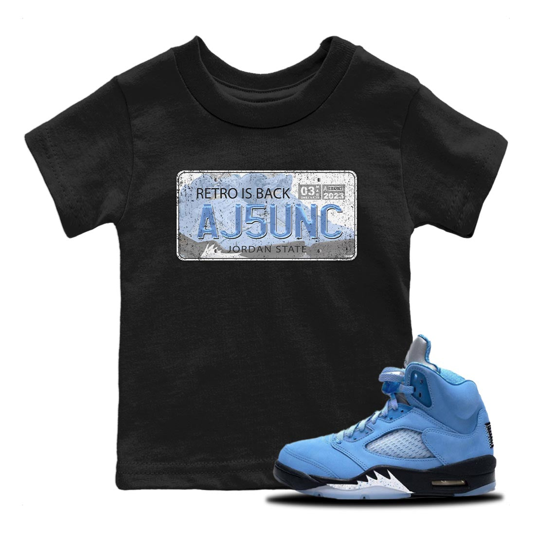 Jordan 5 UNC Jordan Shirts Jordan Plate Sneaker Tees AJ 5s UNC Sneaker Release Tees Kids Shirts Black 1
