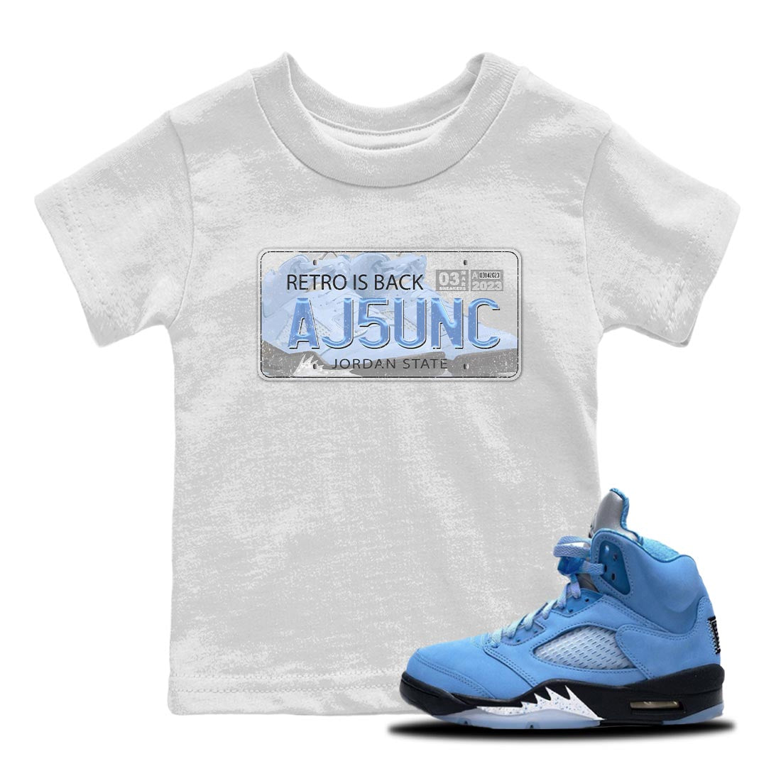 Jordan 5 UNC Jordan Shirts Jordan Plate Sneaker Tees AJ 5s UNC Sneaker Release Tees Kids Shirts White 1
