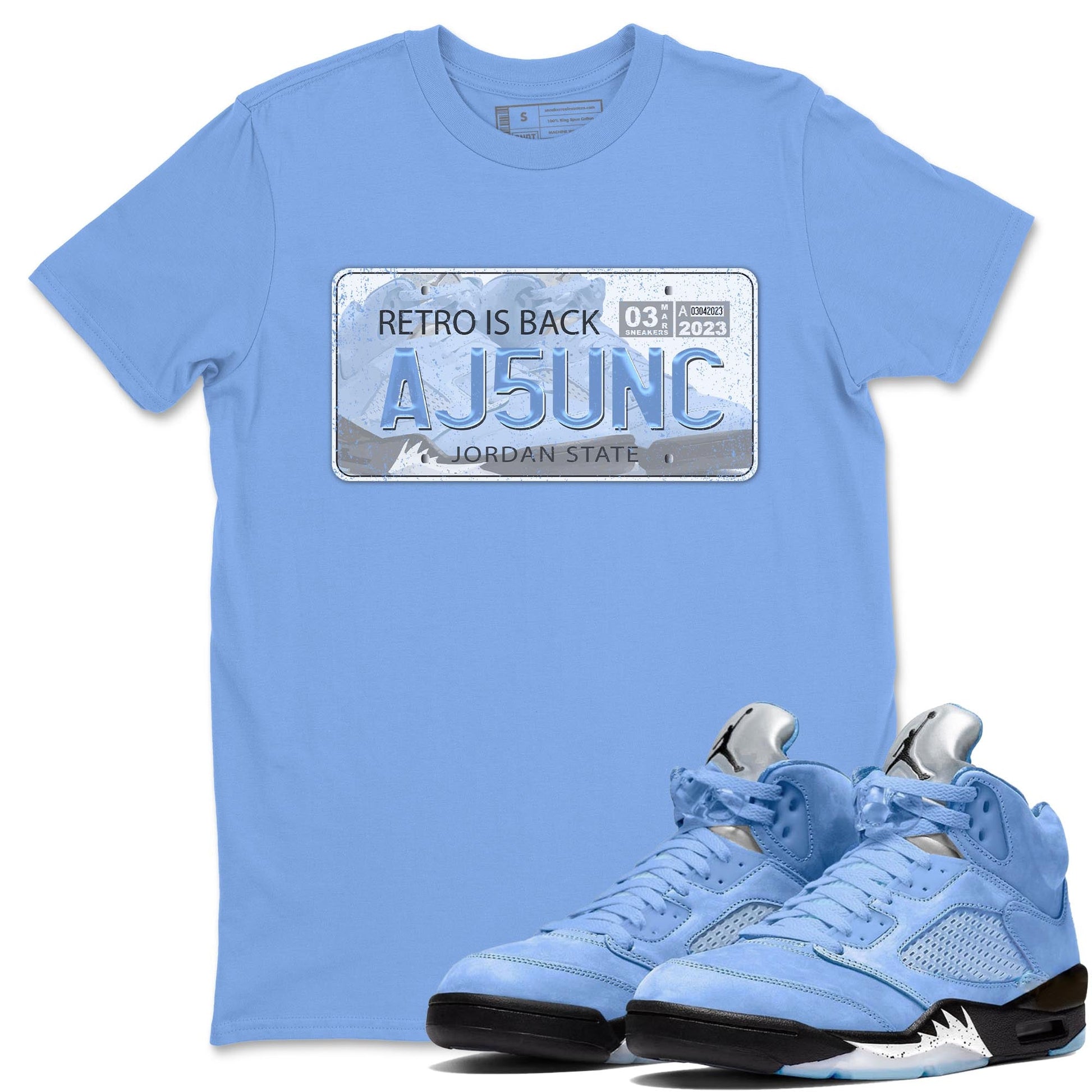 Air Jordan 5 UNC Jordan Plate Crew Neck Sneaker Tees AJ 5s UNC Sneaker T-Shirts Size Chart
