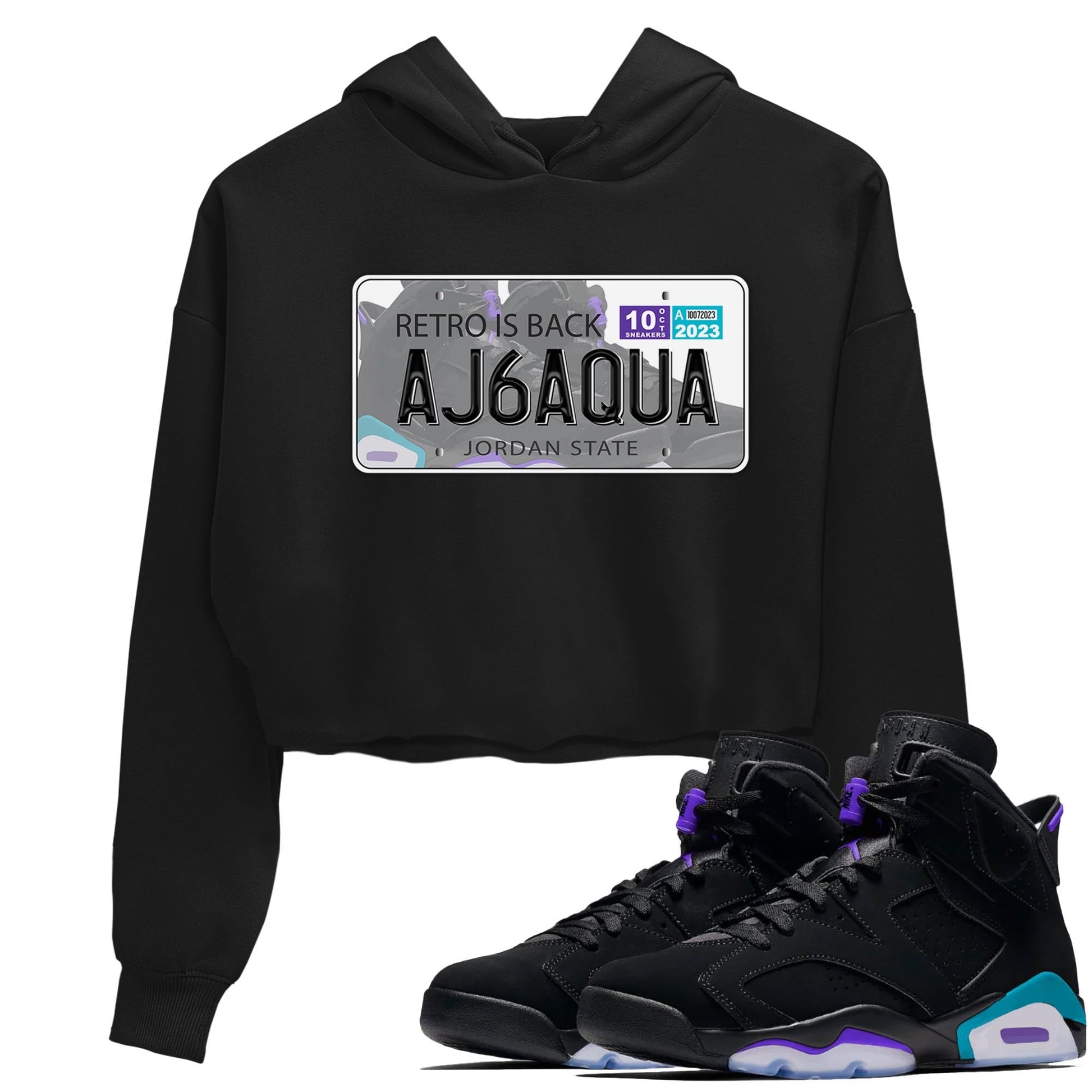 AJ6 Aqua shirt to match jordans Jordan Plate sneaker release tees Air Jordan 6 Aqua SNRT Sneaker Tees Black 1 Crop T-Shirt