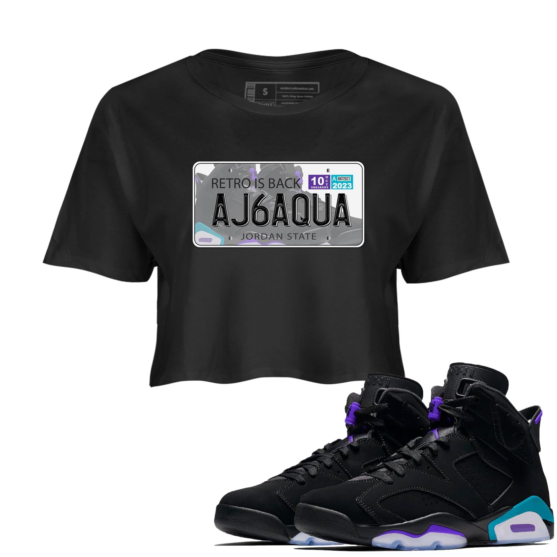 AJ6 Aqua shirt to match jordans Jordan Plate sneaker release tees Air Jordan 6 Aqua SNRT Sneaker Tees Black 1 Crop T-Shirt