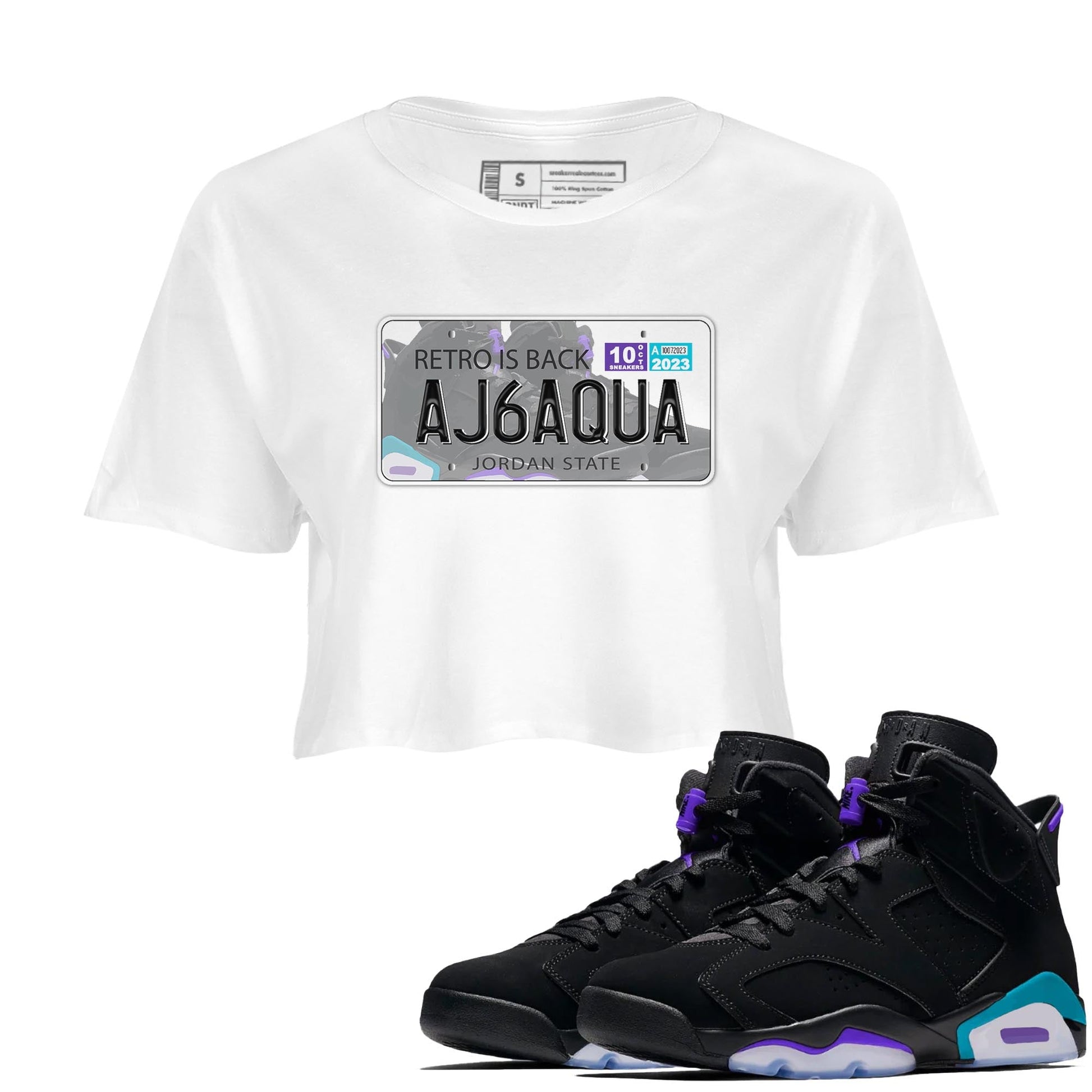 AJ6 Aqua shirt to match jordans Jordan Plate sneaker release tees Air Jordan 6 Aqua SNRT Sneaker Tees White 1 Crop T-Shirt