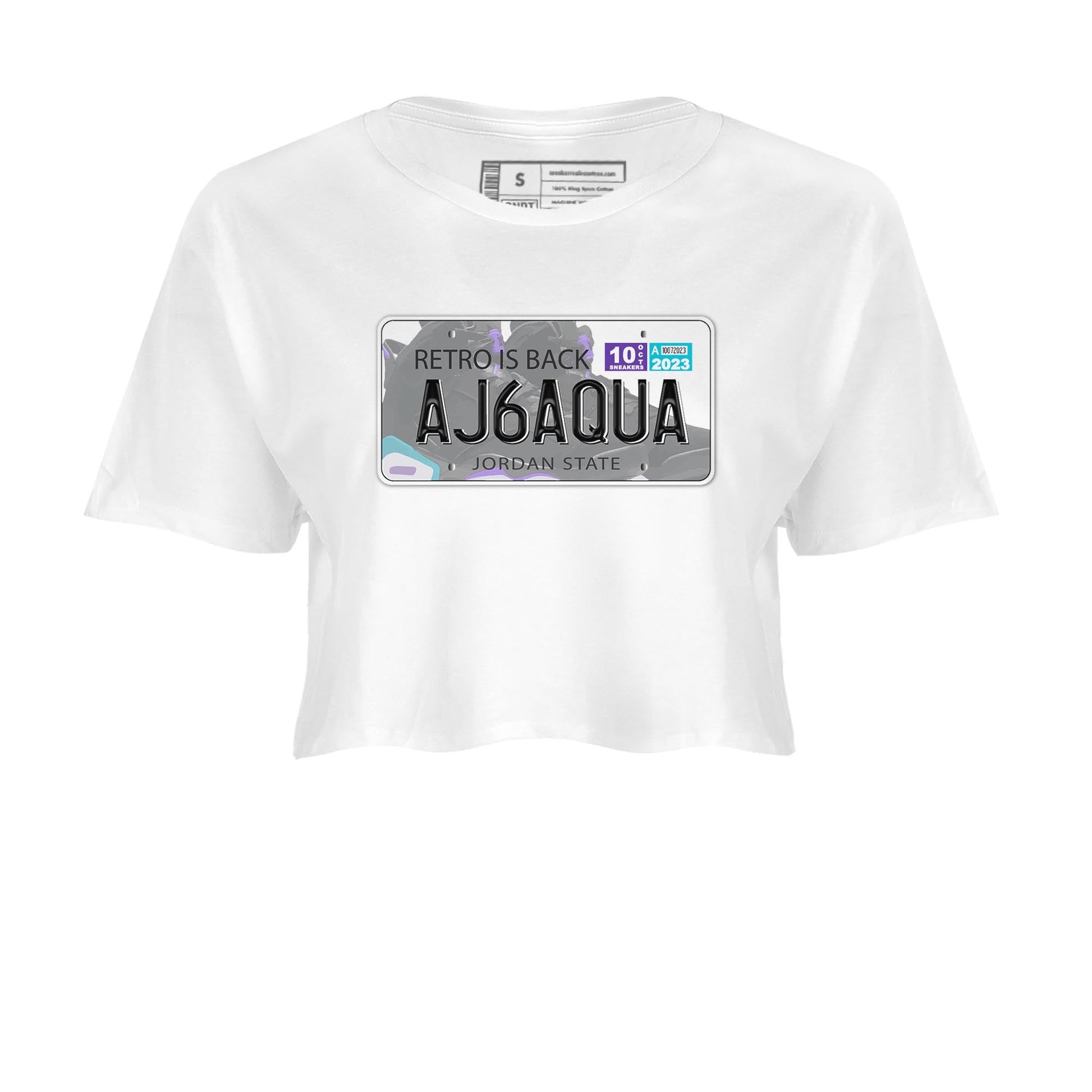 AJ6 Aqua shirt to match jordans Jordan Plate sneaker release tees Air Jordan 6 Aqua SNRT Sneaker Tees White 2 Crop T-Shirt