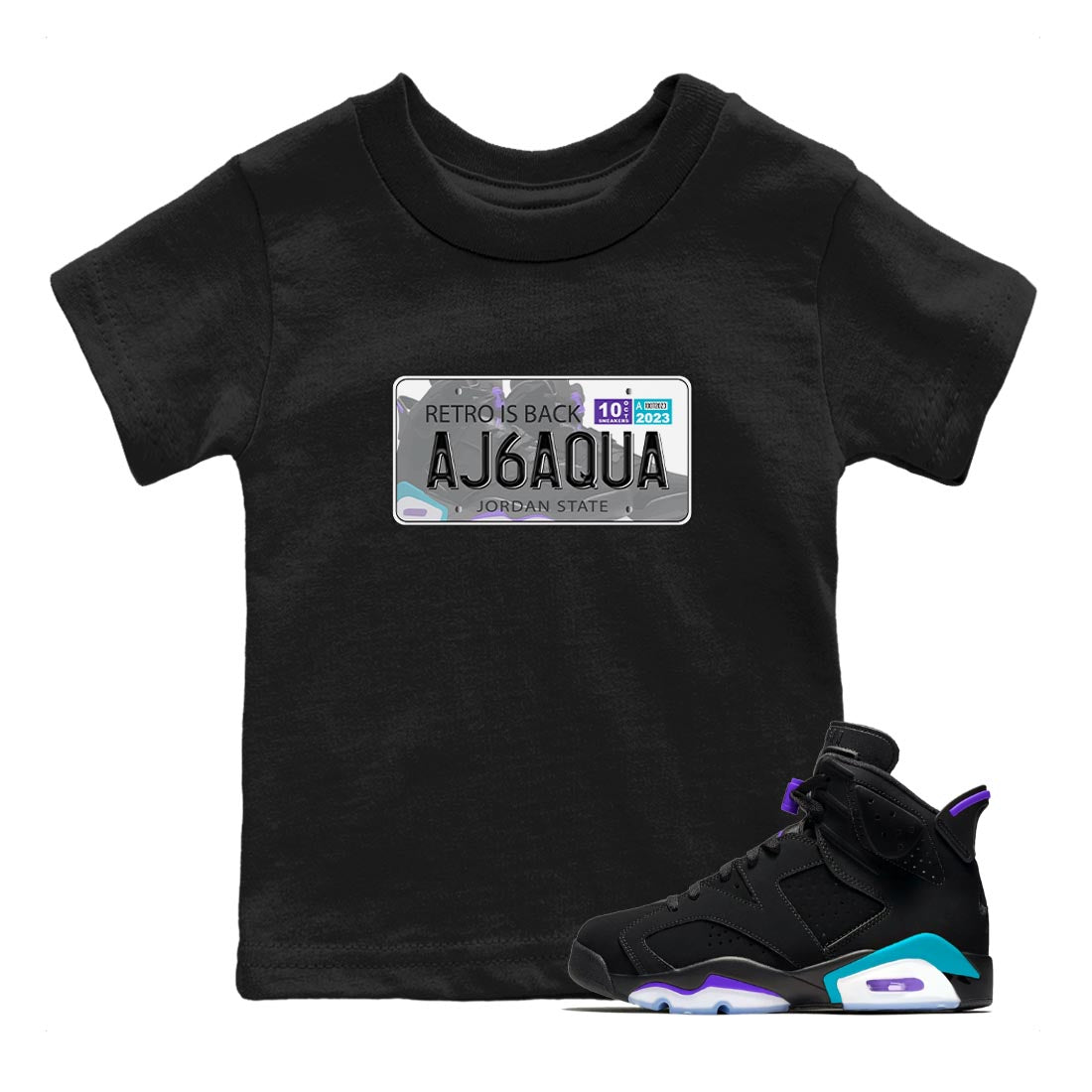 AJ6 Aqua shirt to match jordans Jordan Plate sneaker release tees Air Jordan 6 Aqua SNRT Sneaker Tees Baby Toddler Black 1 T-Shirt