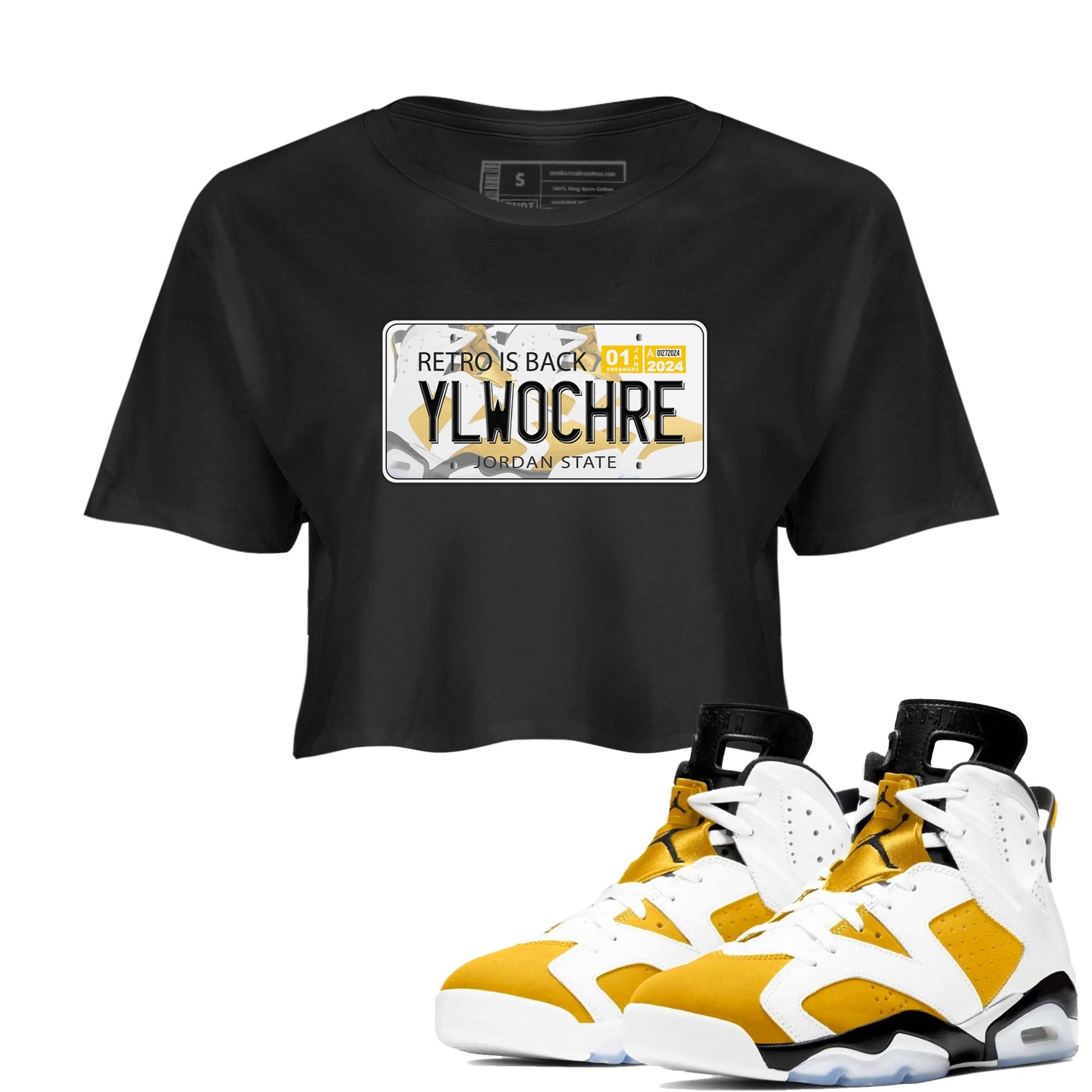 Jordan plate sneaker match tees to Yellow Ochre 6s street fashion brand for shirts to match Jordans SNRT Sneaker Tees Air Jordan 6 Yellow Ochre unisex t-shirt Black 1 crop shirt
