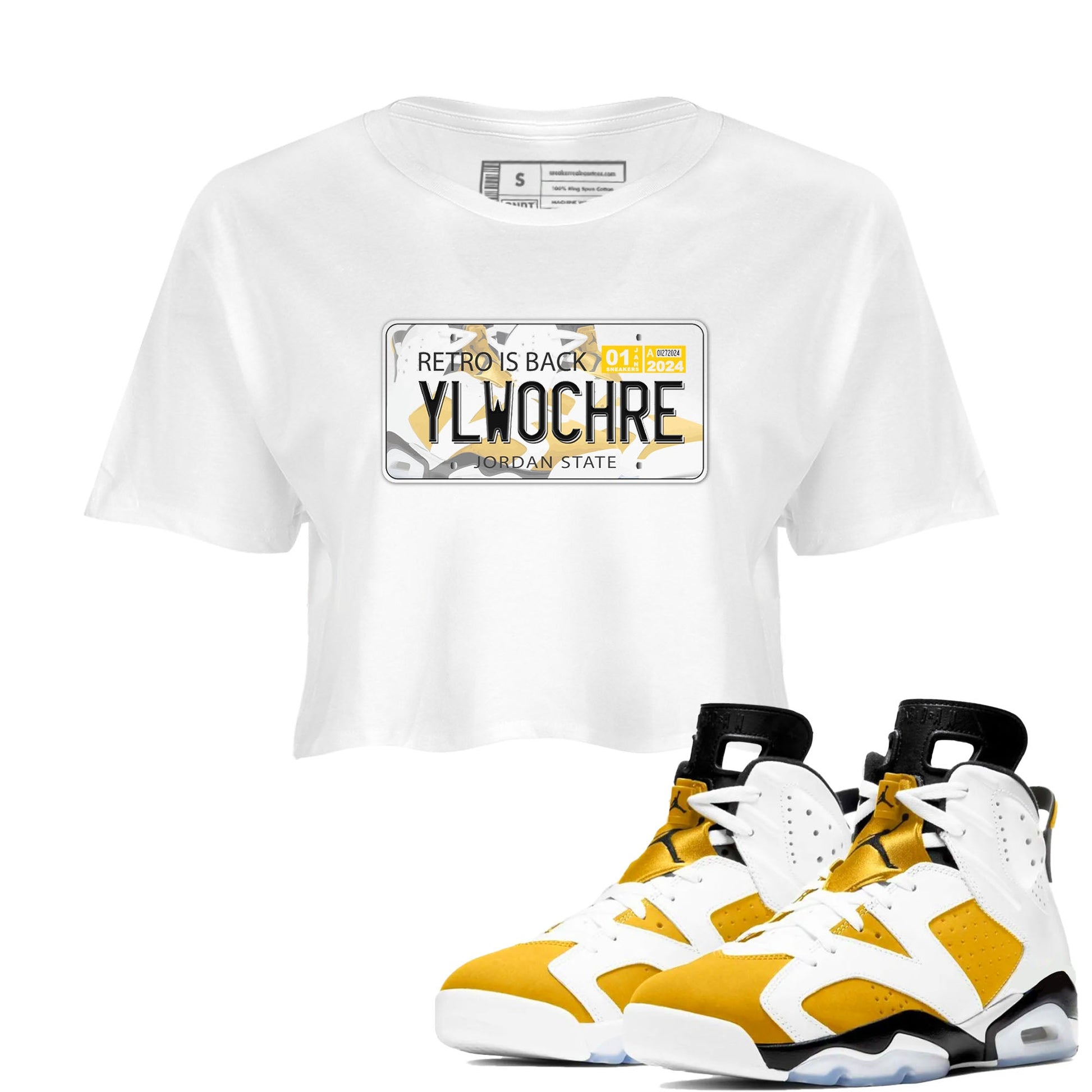 Jordan plate sneaker match tees to Yellow Ochre 6s street fashion brand for shirts to match Jordans SNRT Sneaker Tees Air Jordan 6 Yellow Ochre unisex t-shirt White 1 crop shirt