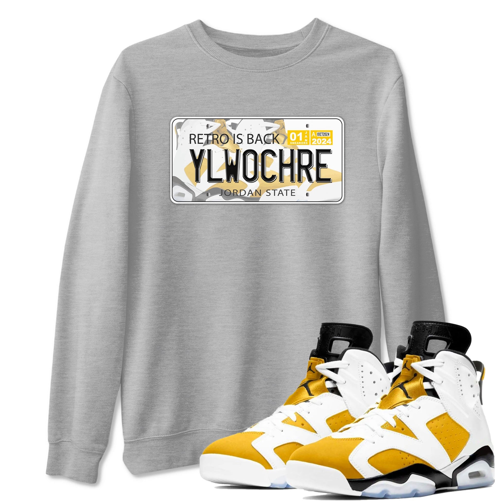Jordan plate sneaker match tees to Yellow Ochre 6s street fashion brand for shirts to match Jordans SNRT Sneaker Tees Air Jordan 6 Yellow Ochre unisex t-shirt Heather Grey 1 unisex shirt