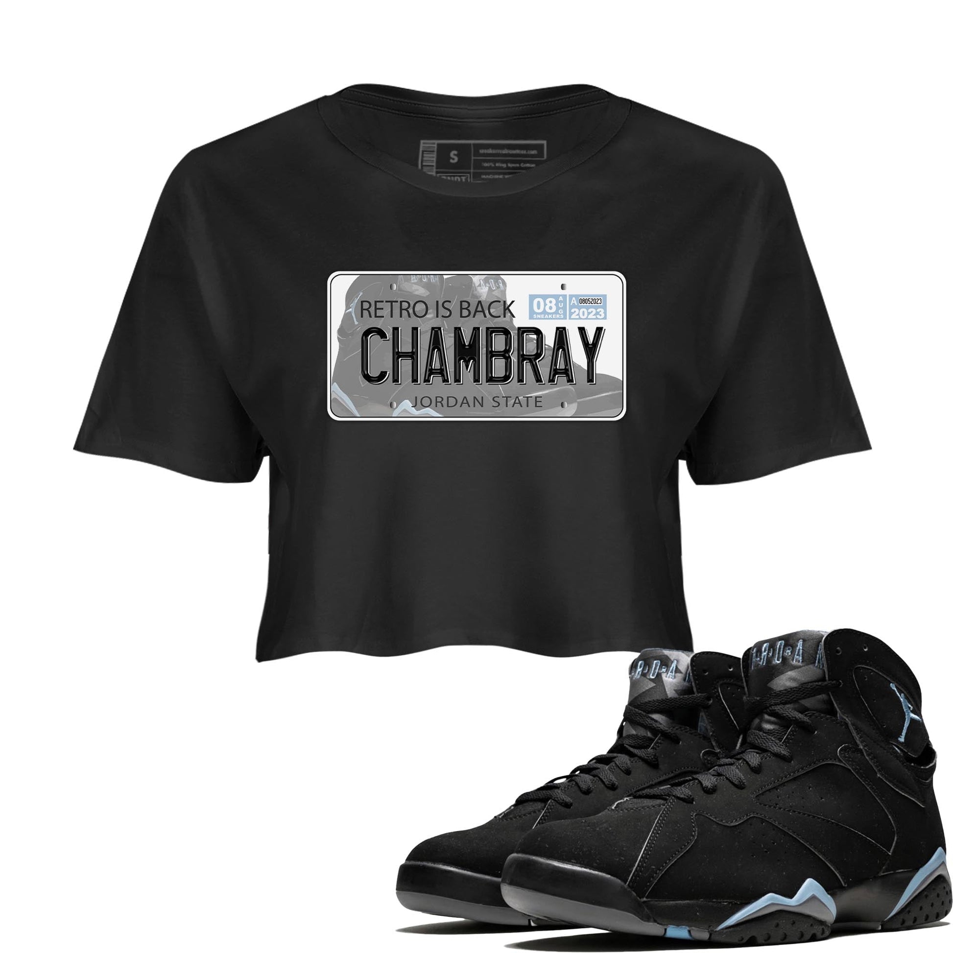 Air Jordan 7 Chambray shirt to match jordans Jordan Plate sneaker tees AJ7 Chambray SNRT Sneaker Release Tees Black 1 Crop T-Shirt