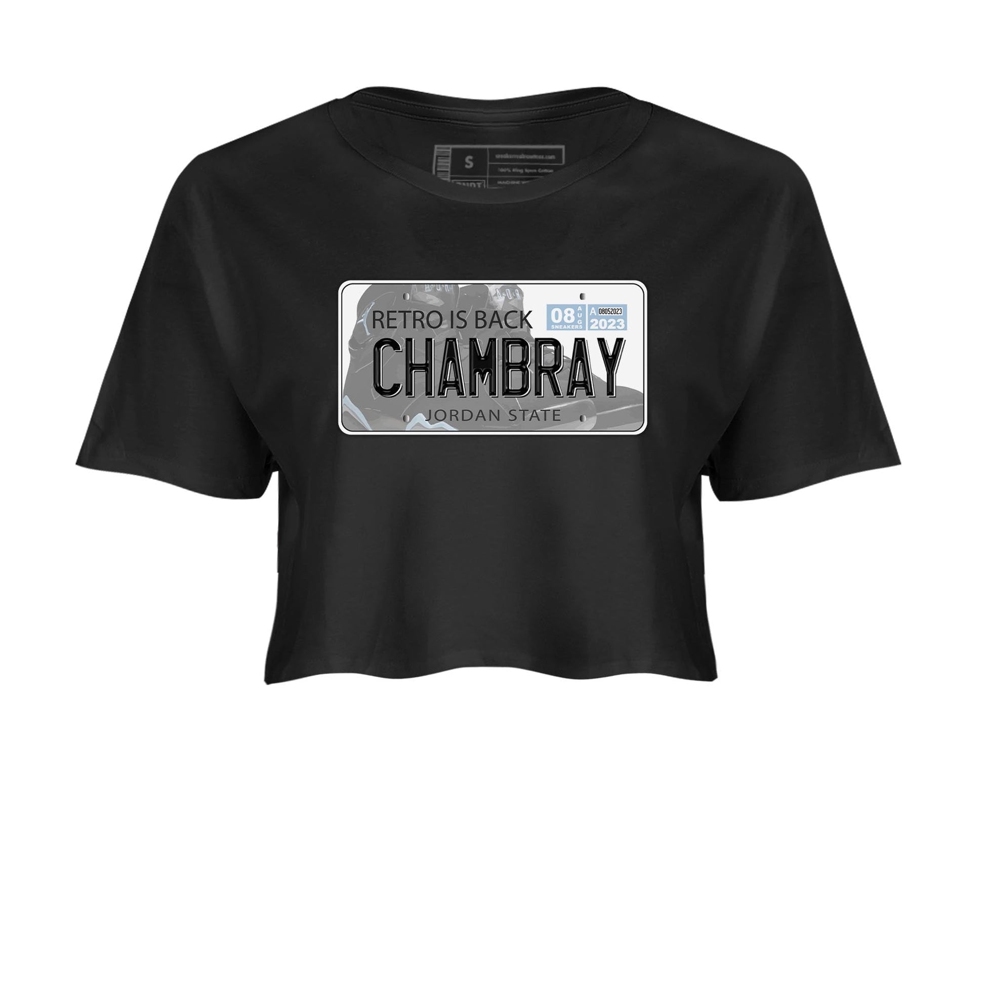 Air Jordan 7 Chambray shirt to match jordans Jordan Plate sneaker tees AJ7 Chambray SNRT Sneaker Release Tees Black 2 Crop T-Shirt