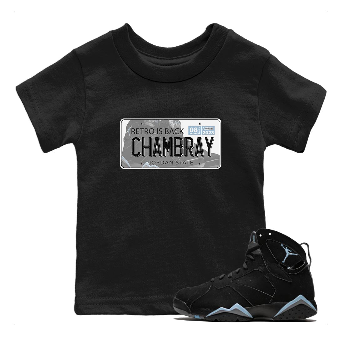 Air Jordan 7 Chambray shirt to match jordans Jordan Plate sneaker tees AJ7 Chambray SNRT Sneaker Release Tees Baby Toddler Black 1 T-Shirt