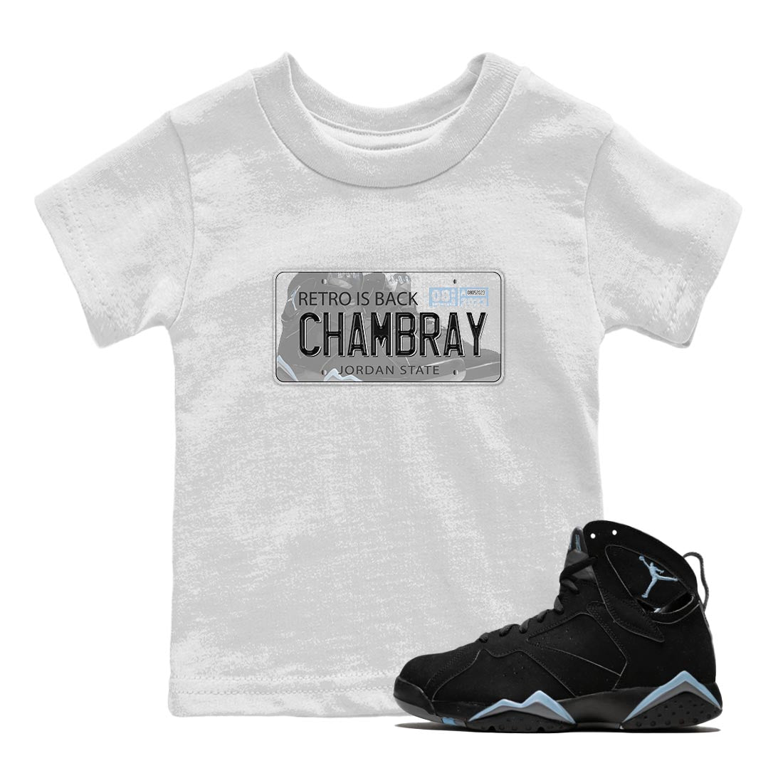 Air Jordan 7 Chambray shirt to match jordans Jordan Plate sneaker tees AJ7 Chambray SNRT Sneaker Release Tees Baby Toddler White 1 T-Shirt