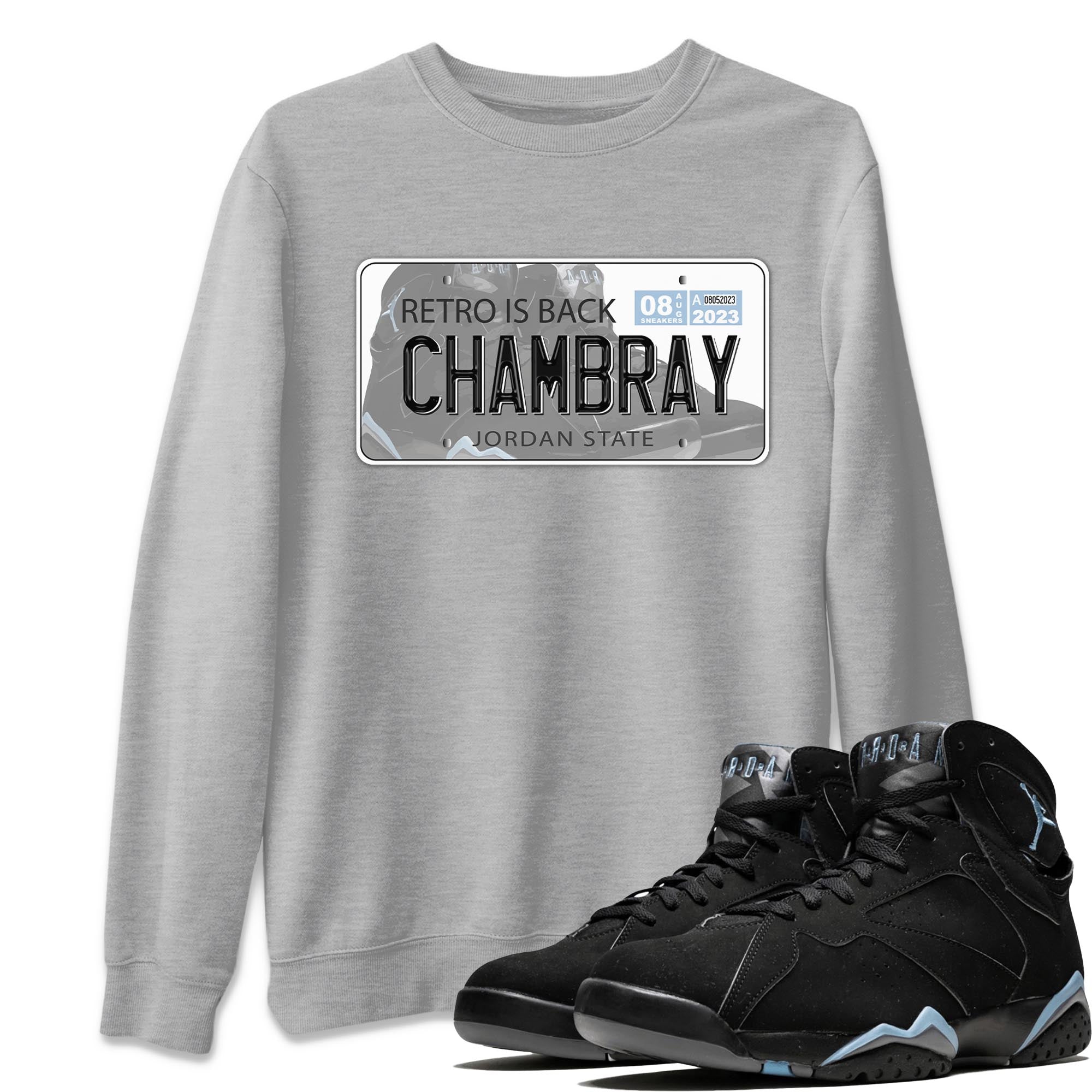 Air Jordan 7 Chambray shirt to match jordans Jordan Plate sneaker tees AJ7 Chambray SNRT Sneaker Release Tees Unisex Heather Grey 1 T-Shirt