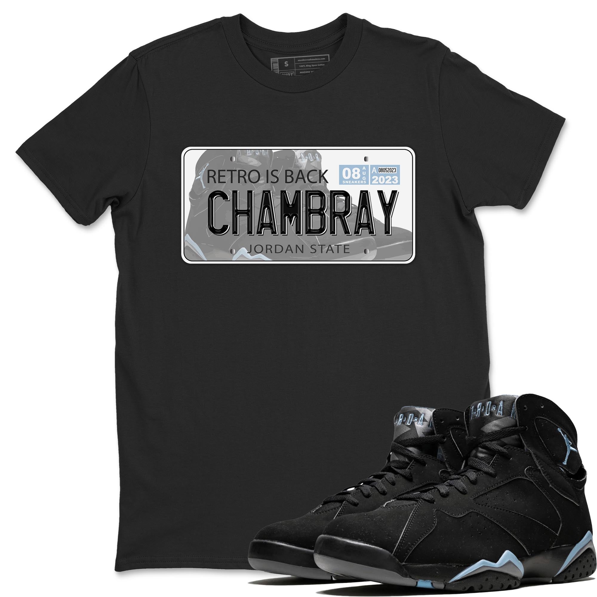 Air Jordan 7 Chambray shirt to match jordans Jordan Plate sneaker tees AJ7 Chambray SNRT Sneaker Release Tees Unisex Black 1 T-Shirt