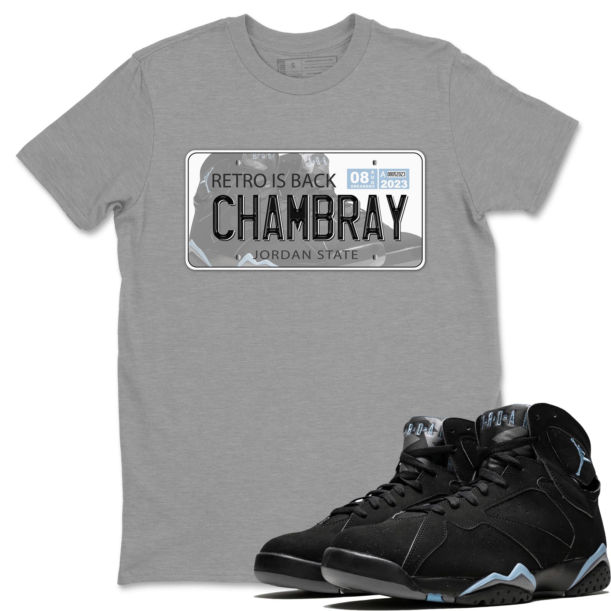 Air Jordan 7 Chambray shirt to match jordans Jordan Plate sneaker tees AJ7 Chambray SNRT Sneaker Release Tees Unisex Heather Grey 1 T-Shirt