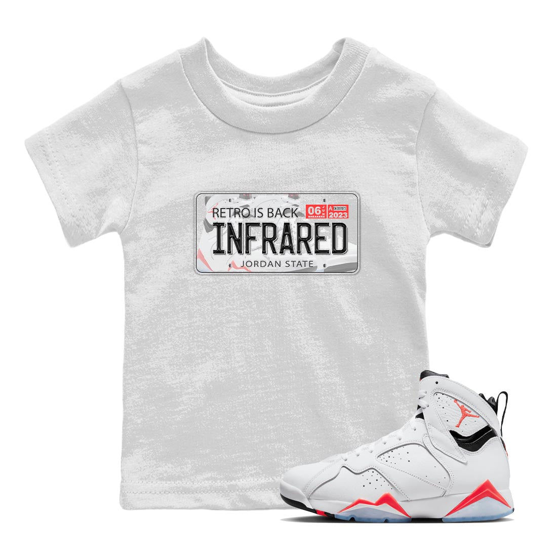 Air Jordan 7 White Infrared shirt to match jordans Jordan Plate sneaker tees White Infrared 7s SNRT Sneaker Release Tees Baby Toddler White 1 T-Shirt