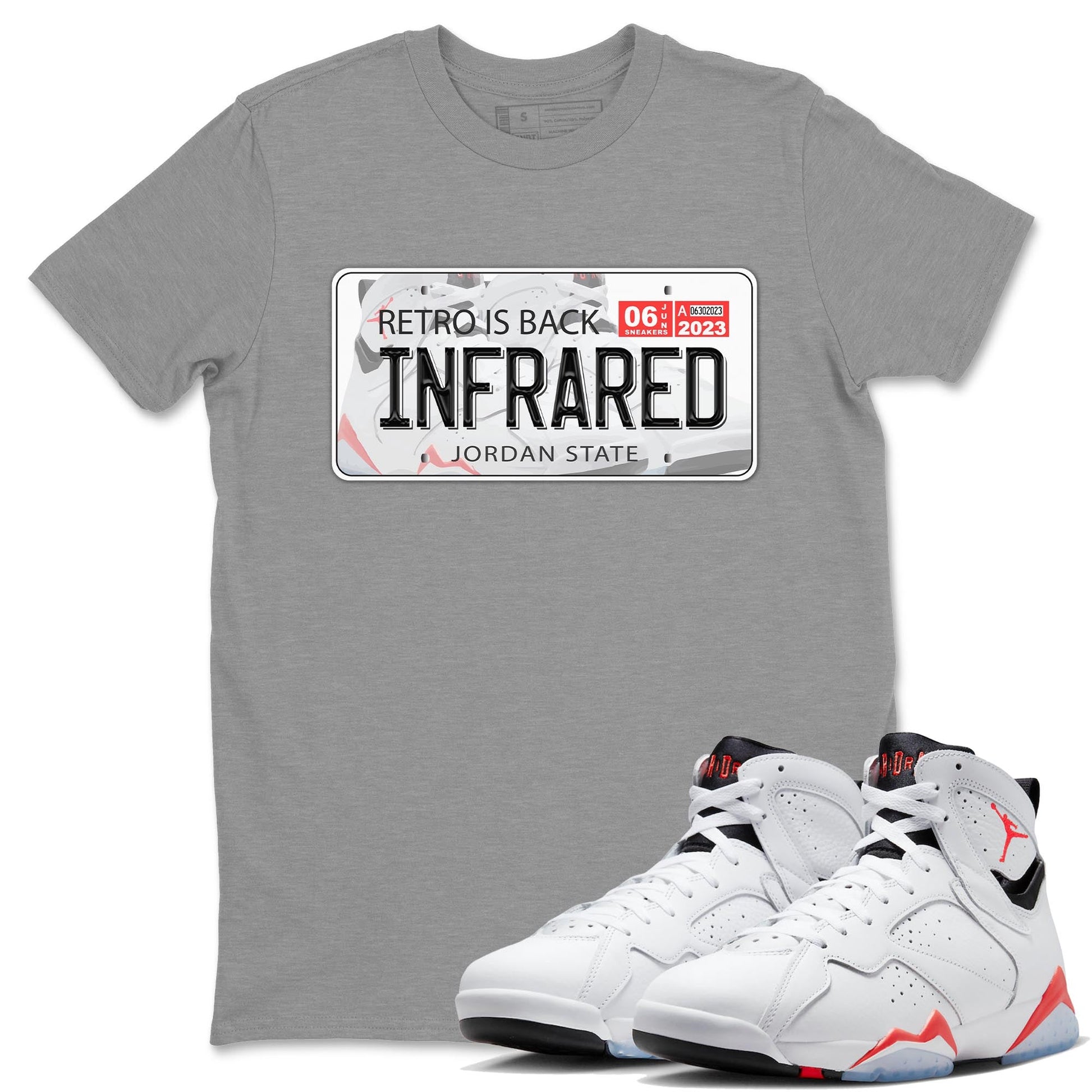 Air Jordan 7 White Infrared shirt to match jordans Jordan Plate sneaker tees White Infrared 7s SNRT Sneaker Release Tees Unisex Heather Grey 1 T-Shirt