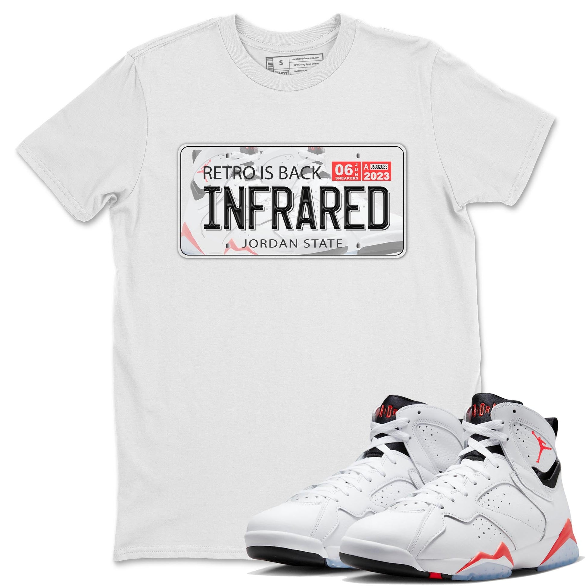 Air Jordan 7 White Infrared shirt to match jordans Jordan Plate sneaker tees White Infrared 7s SNRT Sneaker Release Tees Unisex White 1 T-Shirt