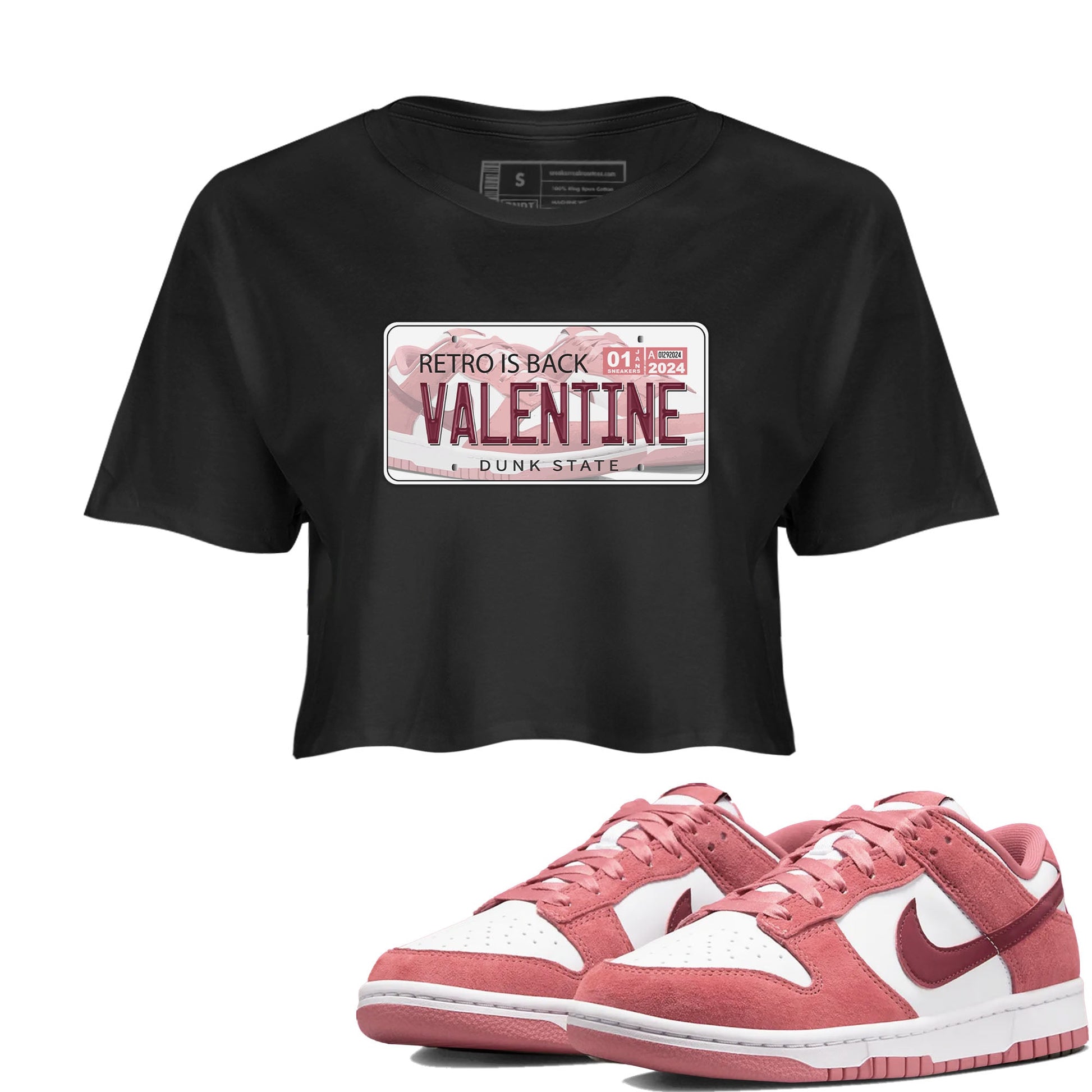 Dunk Valentine's Day shirt to match jordans Jordan Plate sneaker tees Dunks Valentine's Day SNRT sneaker Release Tees Black 1 crop length shirt