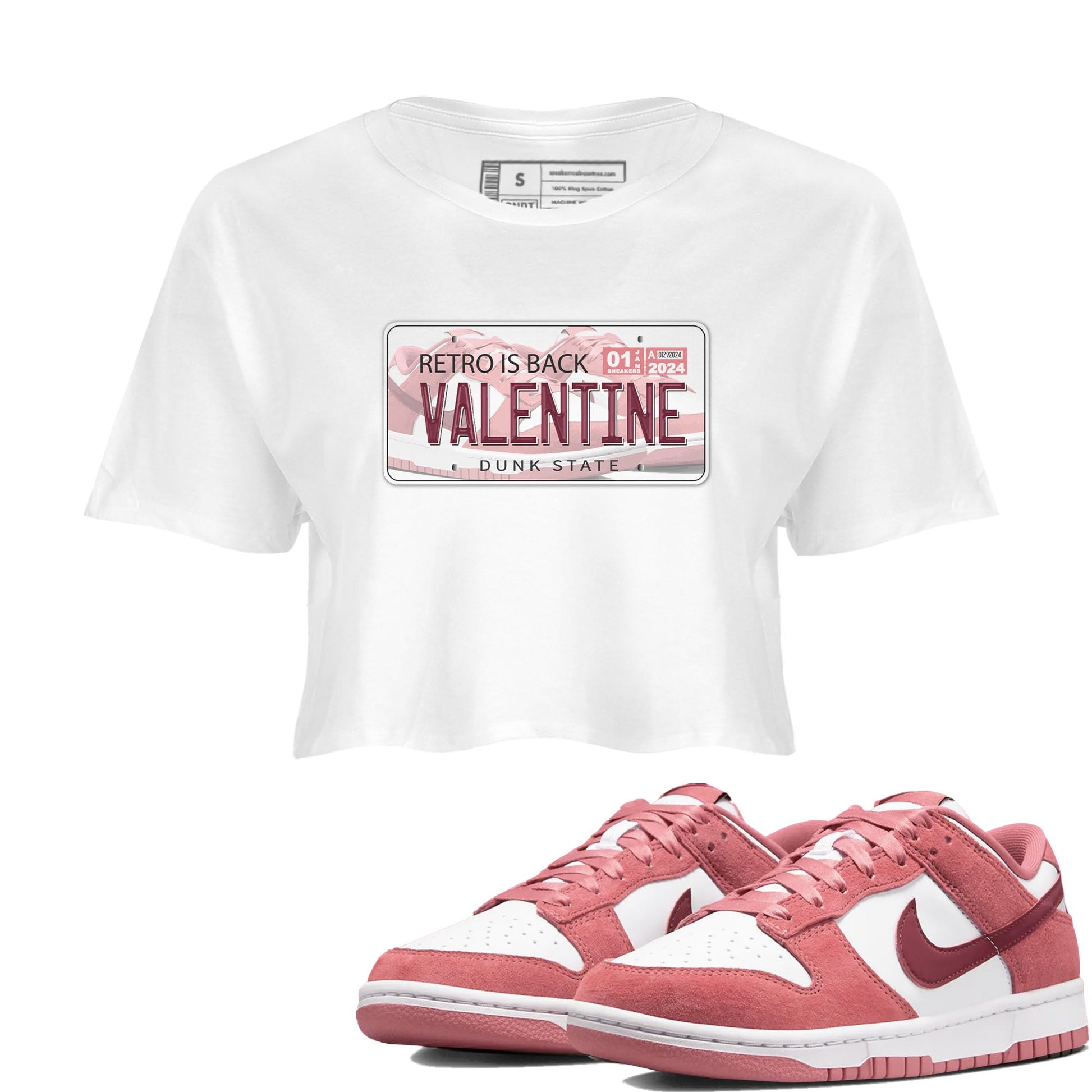 Dunk Valentine's Day shirt to match jordans Jordan Plate sneaker tees Dunks Valentine's Day SNRT sneaker Release Tees White 1 crop length shirt