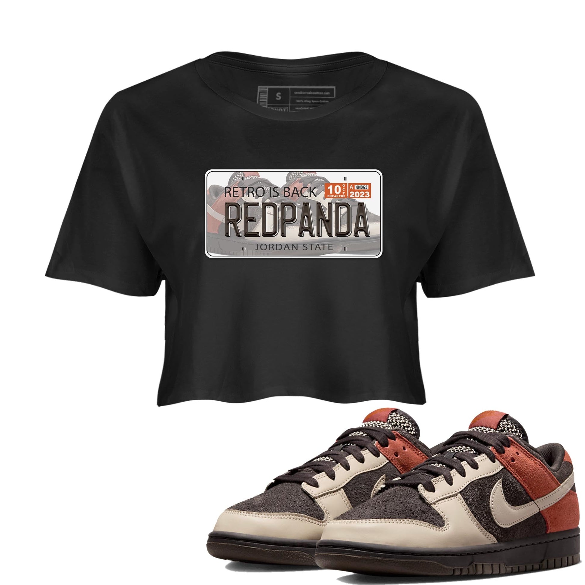 Nike Low Dunk Red Panda shirt to match jordans Jordan Plate sneaker tees Nike Dunk Red Panda SNRT Sneaker Tees Black 1 Crop T-Shirt