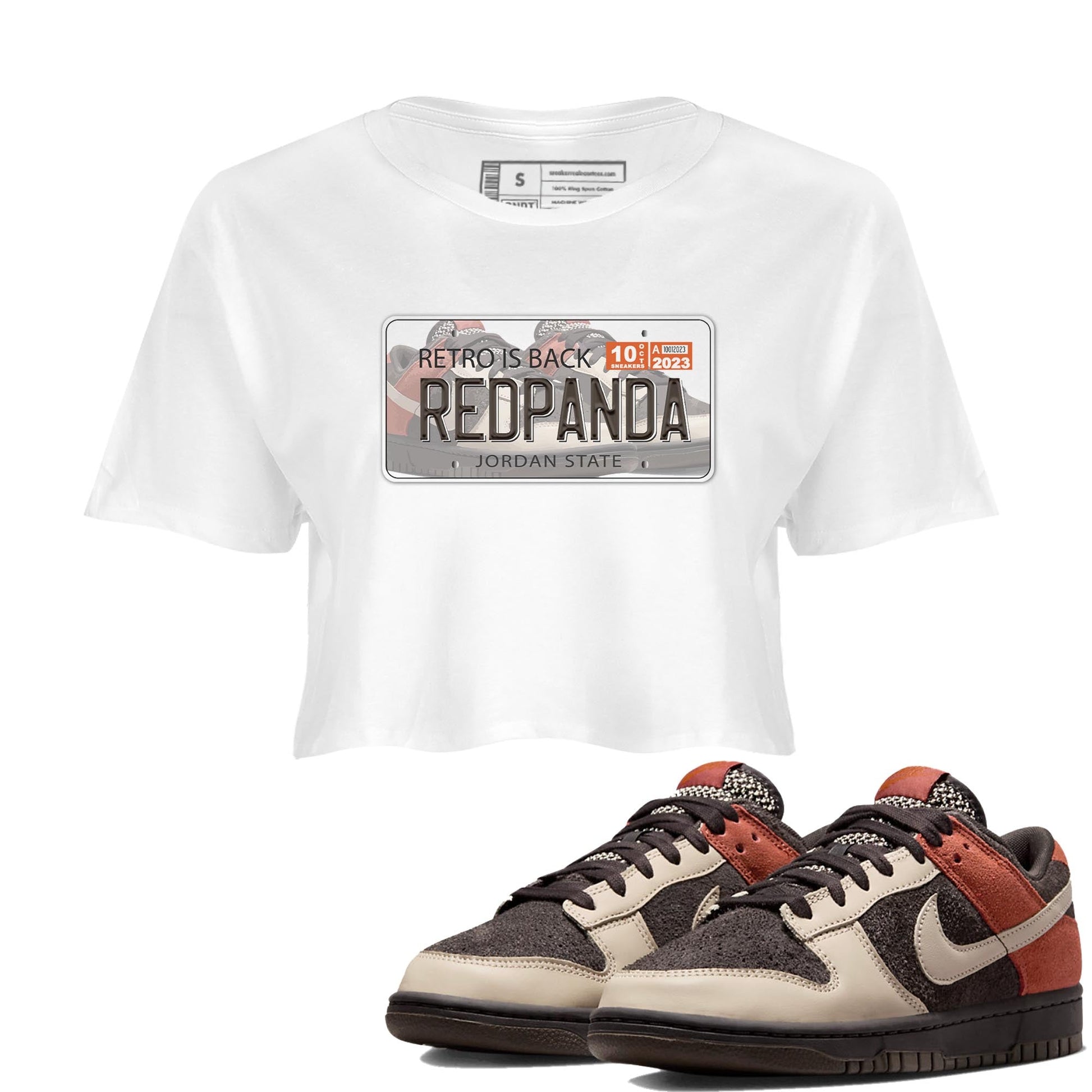 Nike Low Dunk Red Panda shirt to match jordans Jordan Plate sneaker tees Nike Dunk Red Panda SNRT Sneaker Tees White 1 Crop T-Shirt