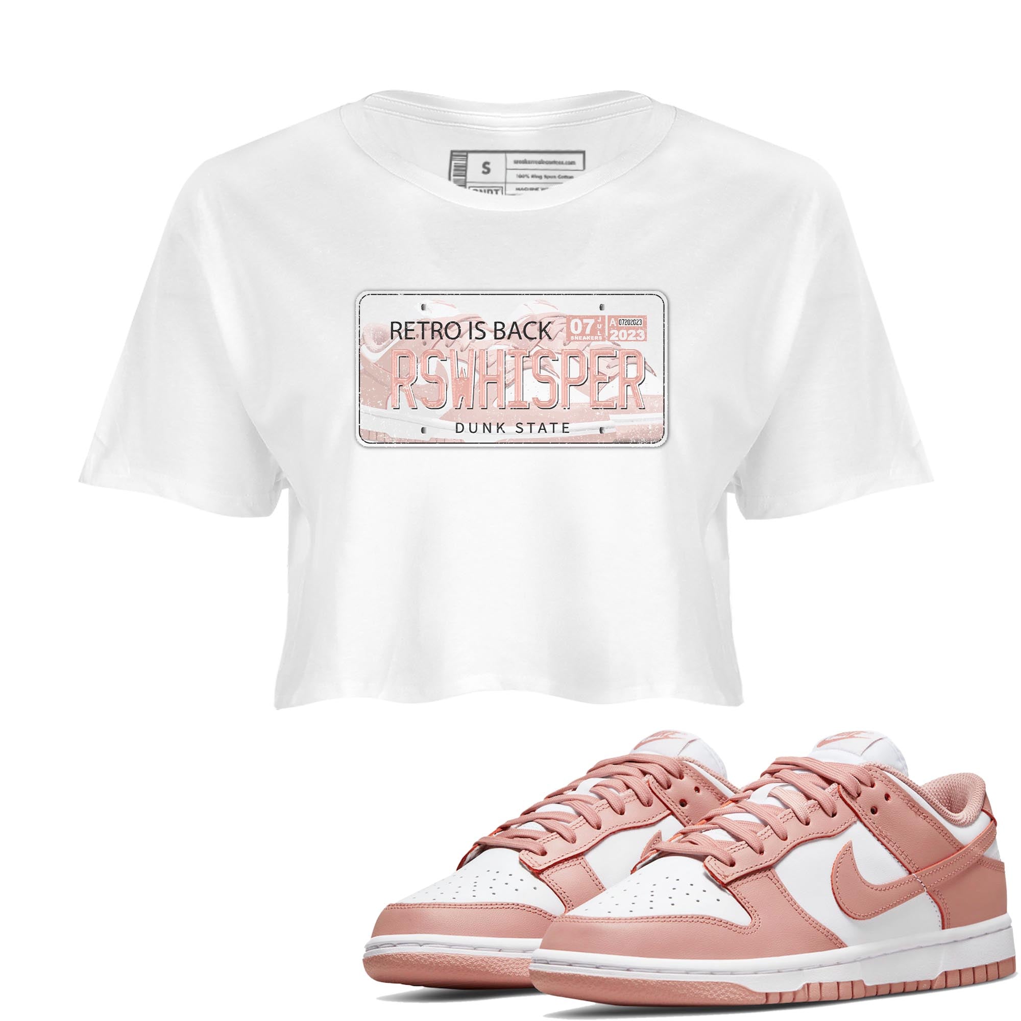 Nike Dunks Low Rose Whisper shirt to match jordans Jordan Plate sneaker tees Nike Dunk Rose Whisper SNRT Sneaker Release Tees White 1 Crop T-Shirt