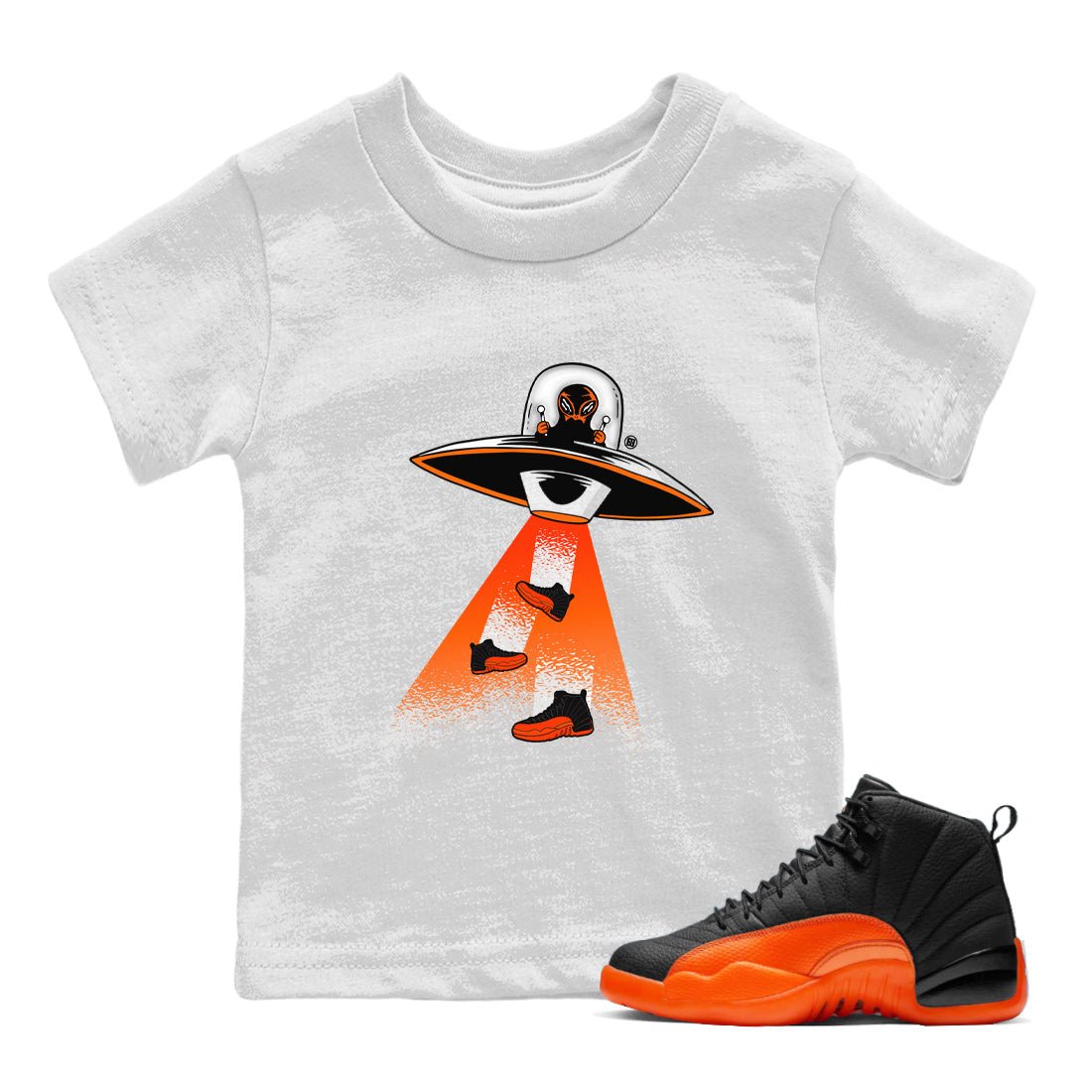 Air Jordan 12 Brilliant Orange Sneaker Match Tees Alien Thief Sneaker Tees 12s Brilliant Orange Tee Kids Shirts White 1