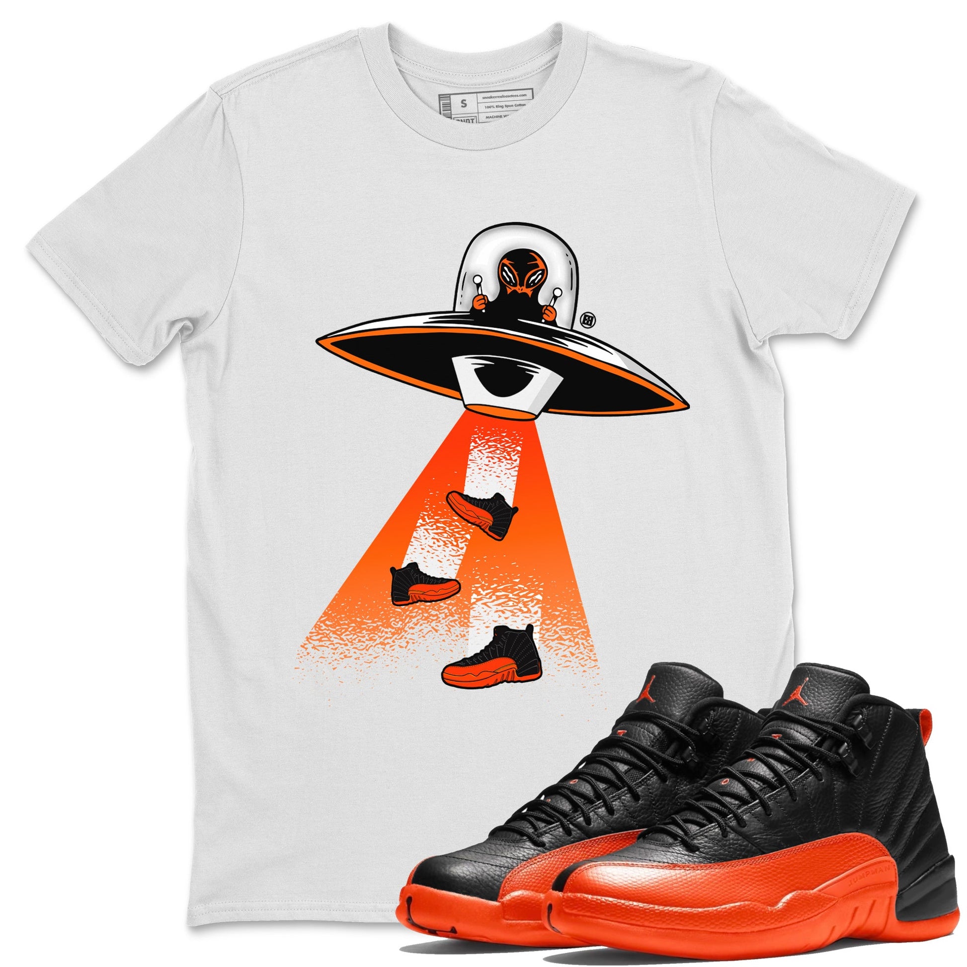 Air Jordan 12 Brilliant Orange Sneaker Match Tees Alien Thief Sneaker Tees 12s Brilliant Orange Tee Unisex Shirts White 1