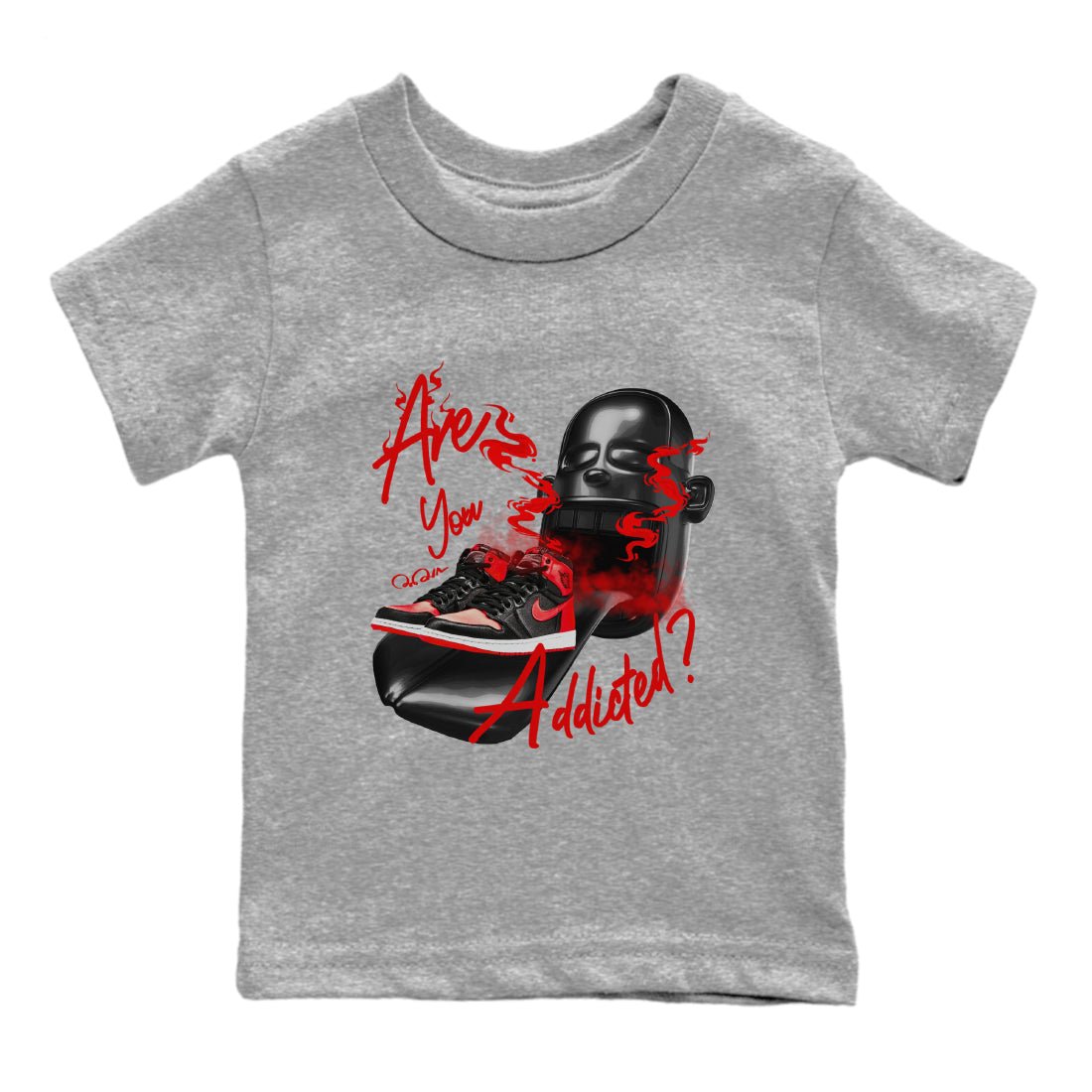 Air Jordan 1 Satin Bred Sneaker Match Tees Are You Addicted Sneaker Tees AJ1 Satin Bred Sneaker Release Tees Kids Shirts Heather Grey 2