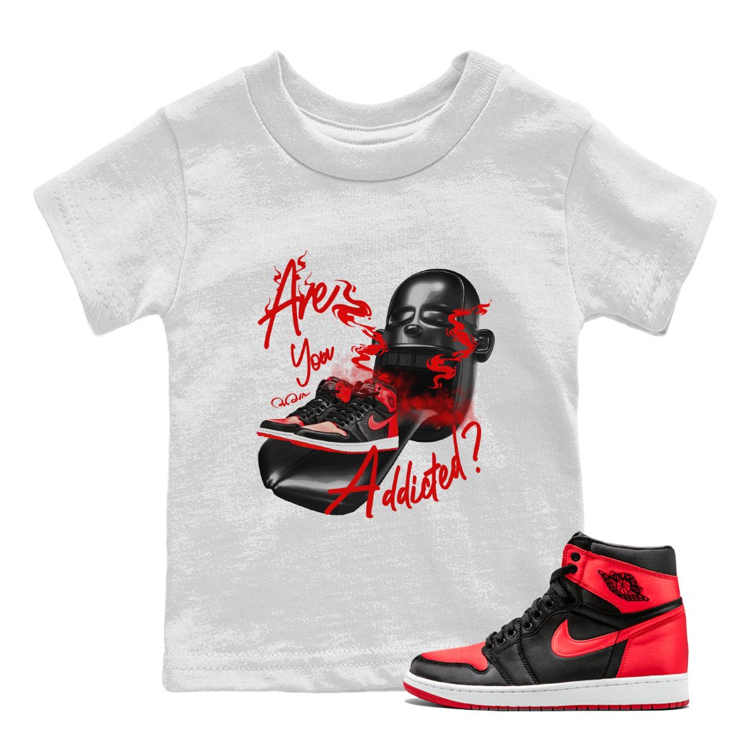 Air Jordan 1 Satin Bred Sneaker Match Tees Are You Addicted Sneaker Tees AJ1 Satin Bred Sneaker Release Tees Kids Shirts White 1