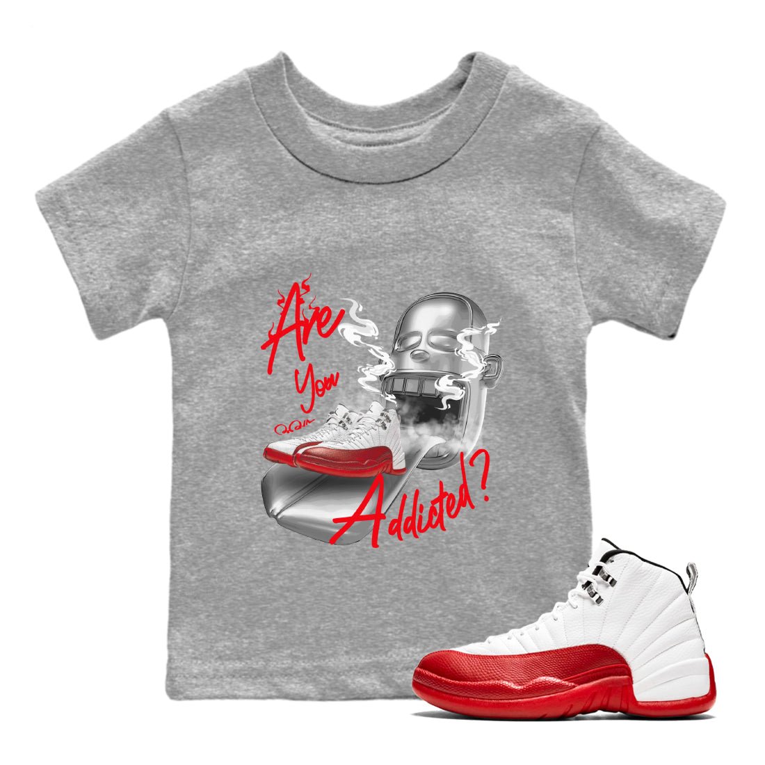 Air Jordan 12 Cherry Sneaker Match Tees Are You Addicted Sneaker Tees AJ12 Cherry Sneaker Release Tees Kids Shirts Heather Grey 1