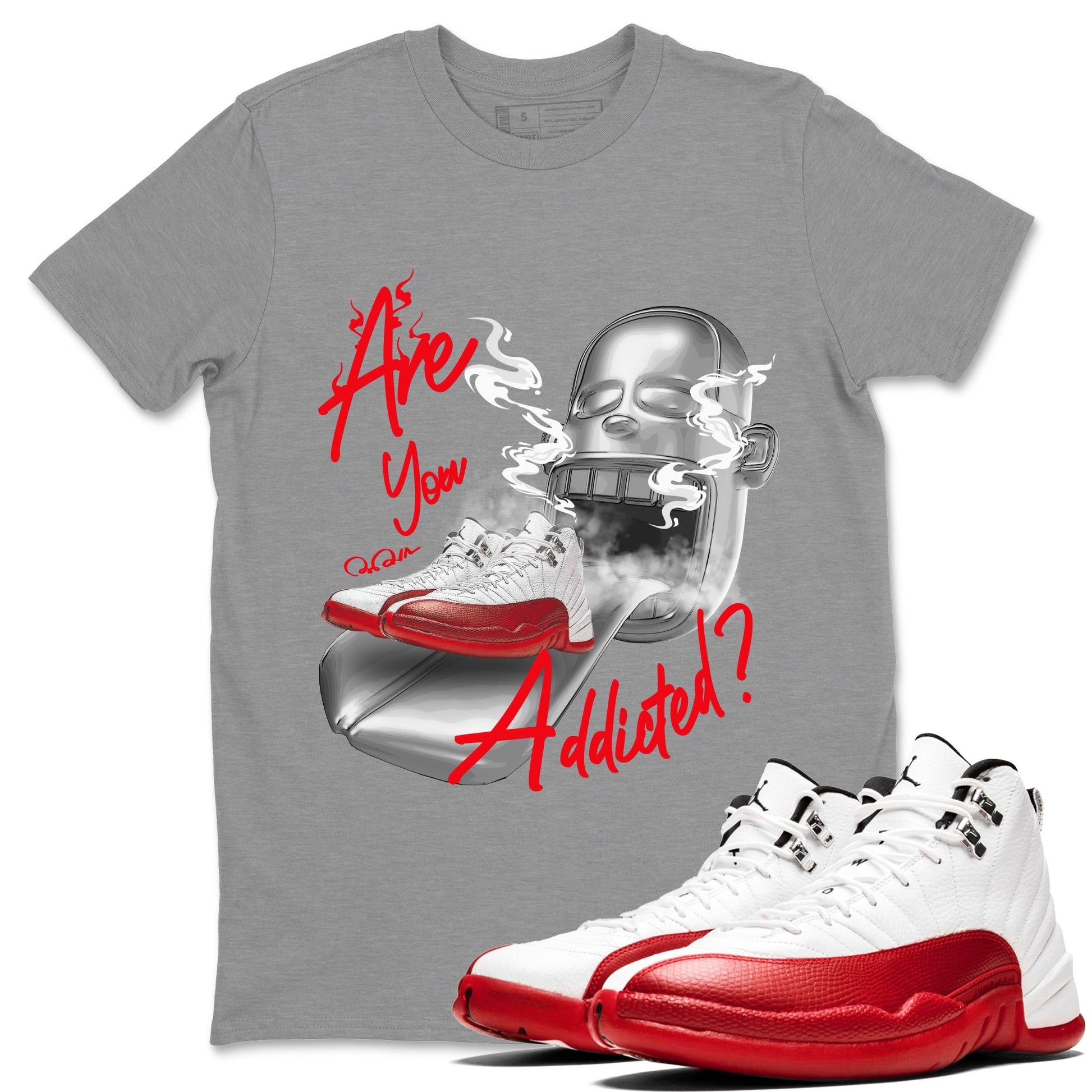 Air Jordan 12 Cherry Sneaker Match Tees Are You Addicted Sneaker Tees AJ12 Cherry Sneaker Release Tees Unisex Shirts Heather Grey 1