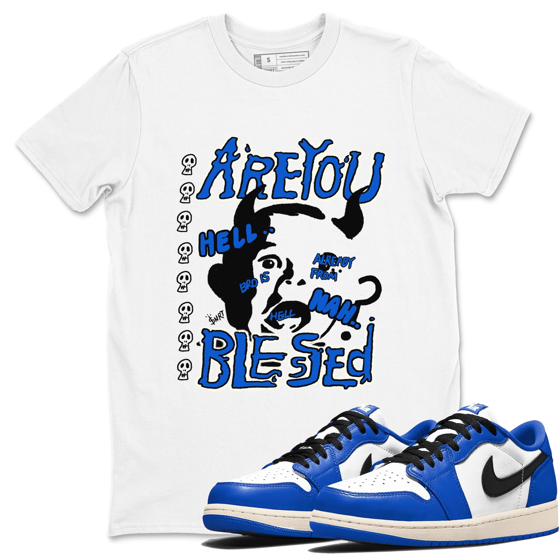 AJ1 Game Royal shirt to match jordans Are You Blessed sneaker tees AJ1 Game Royal SNRT Sneaker Release Tees unisex cotton White 1 crew neck shirt