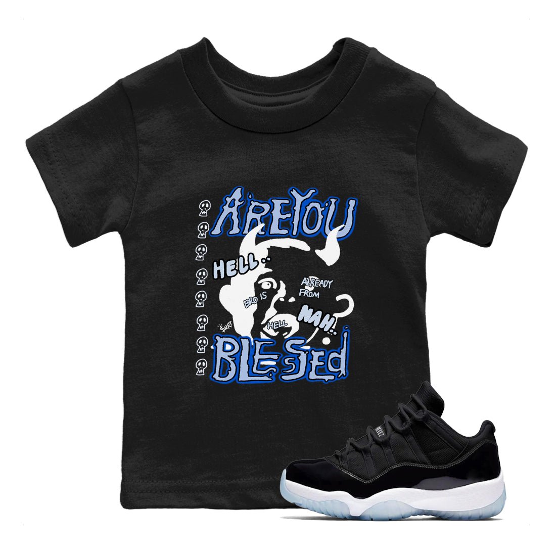 11s Low Space shirt to match jordans Are You Blessed sneaker tees Air Jordan 11 Black/Varsity Royal SNRT sneaker release tees baby toddler Black 1 cotton Shirt