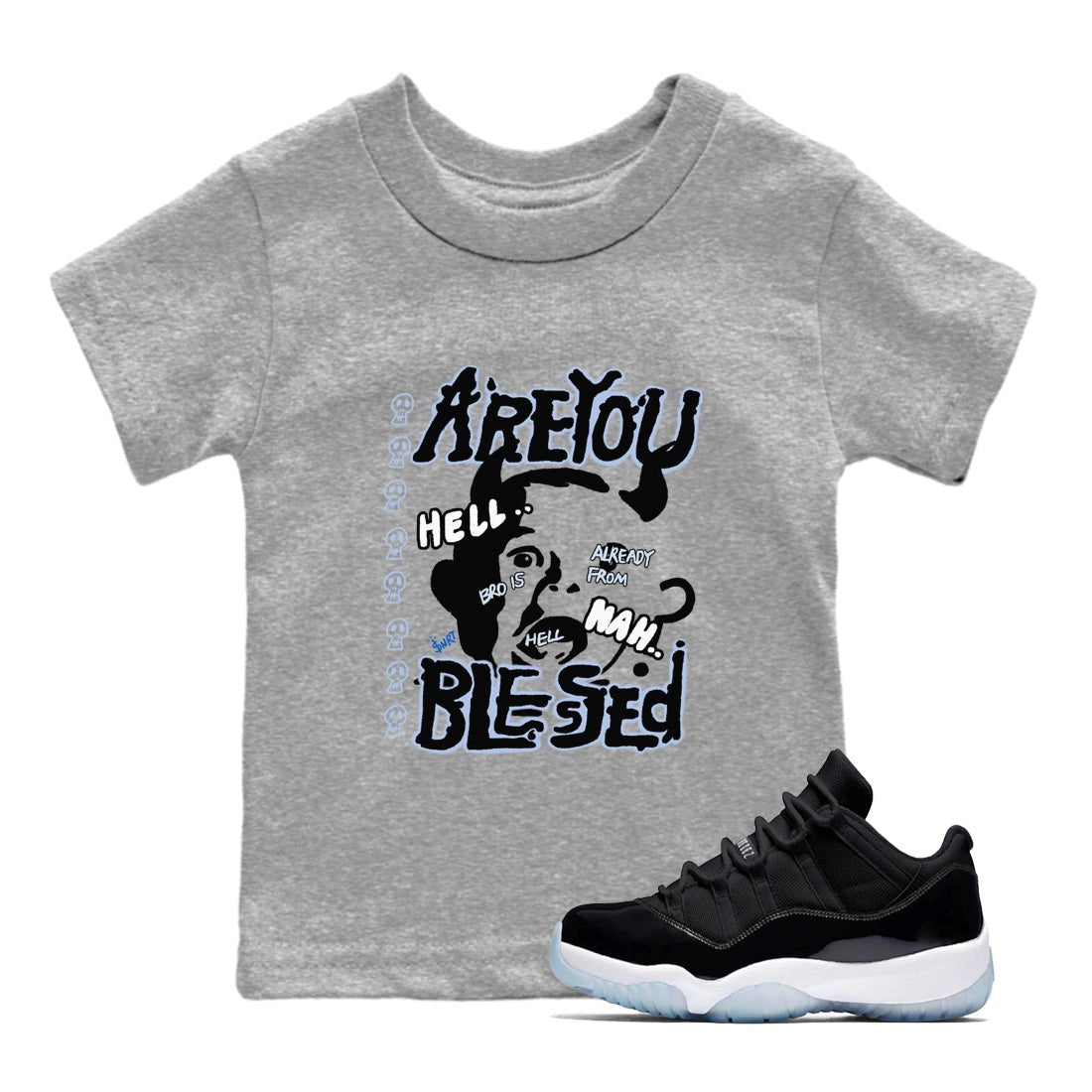 11s Low Space shirt to match jordans Are You Blessed sneaker tees Air Jordan 11 Black/Varsity Royal SNRT sneaker release tees baby toddler Heather Grey 1 cotton Shirt