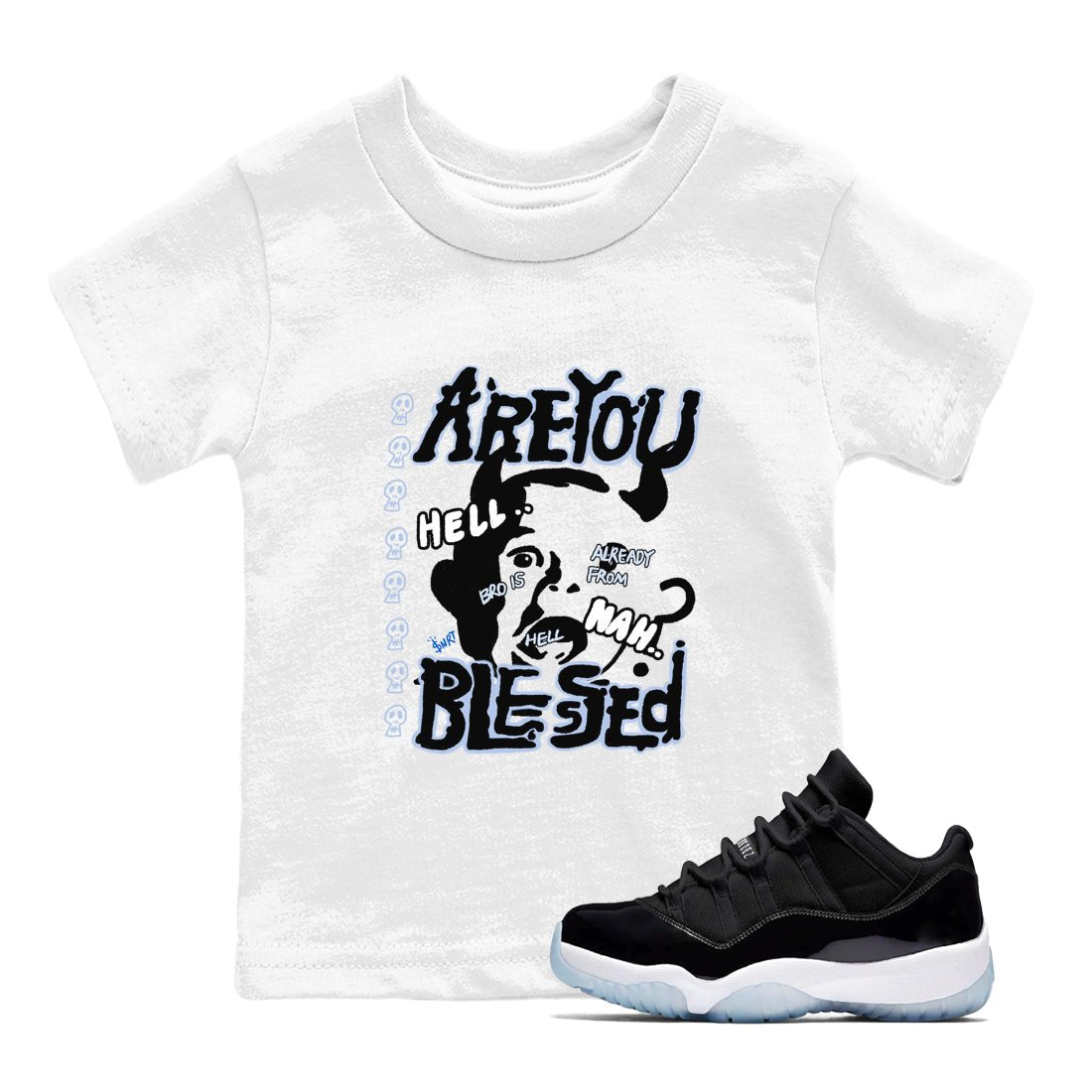 11s Low Space shirt to match jordans Are You Blessed sneaker tees Air Jordan 11 Black/Varsity Royal SNRT sneaker release tees baby toddler White 1 cotton Shirt