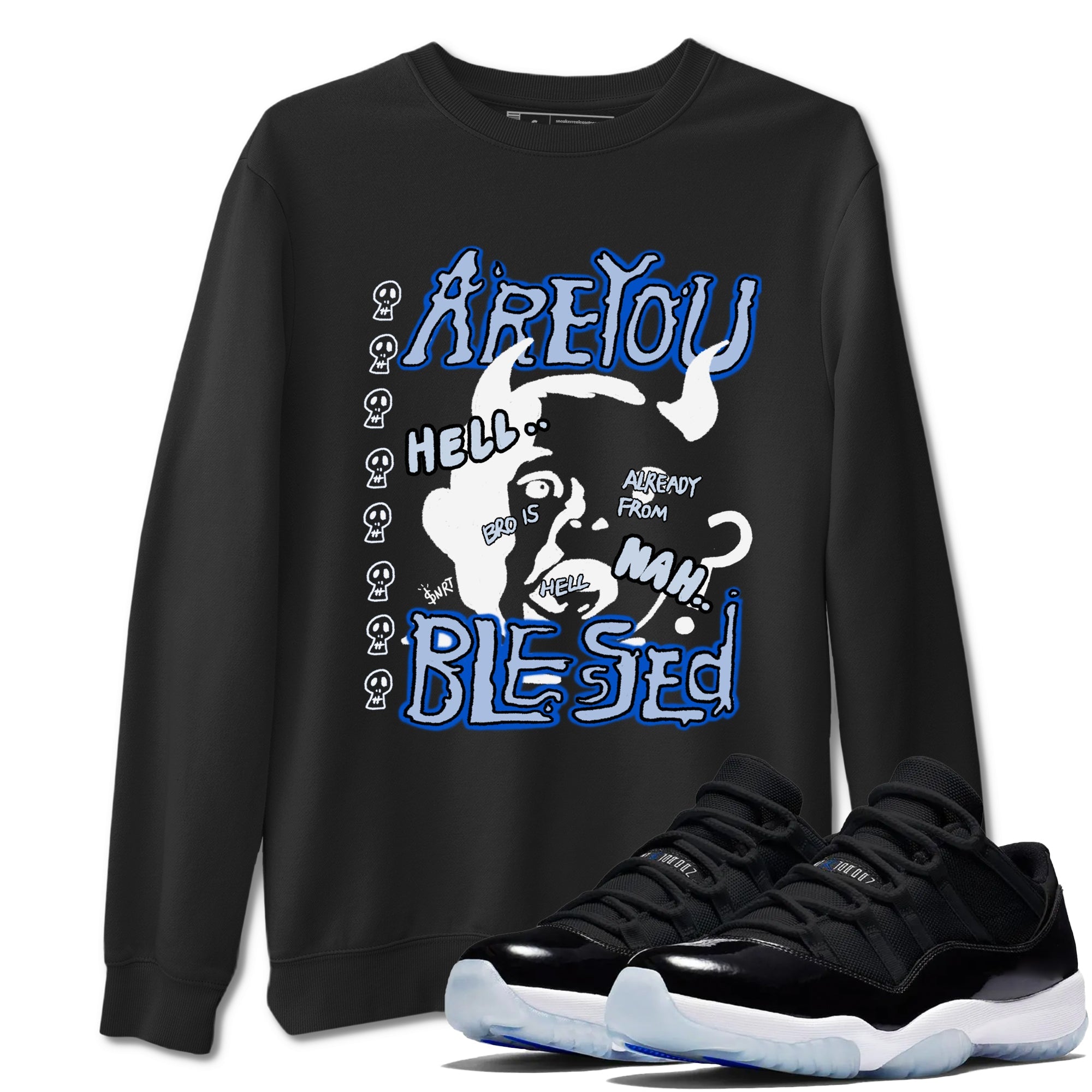 11s Low Space shirt to match jordans Are You Blessed sneaker tees Air Jordan 11 Black/Varsity Royal SNRT Sneaker Release Tees unisex cotton Black 1 crew neck shirt