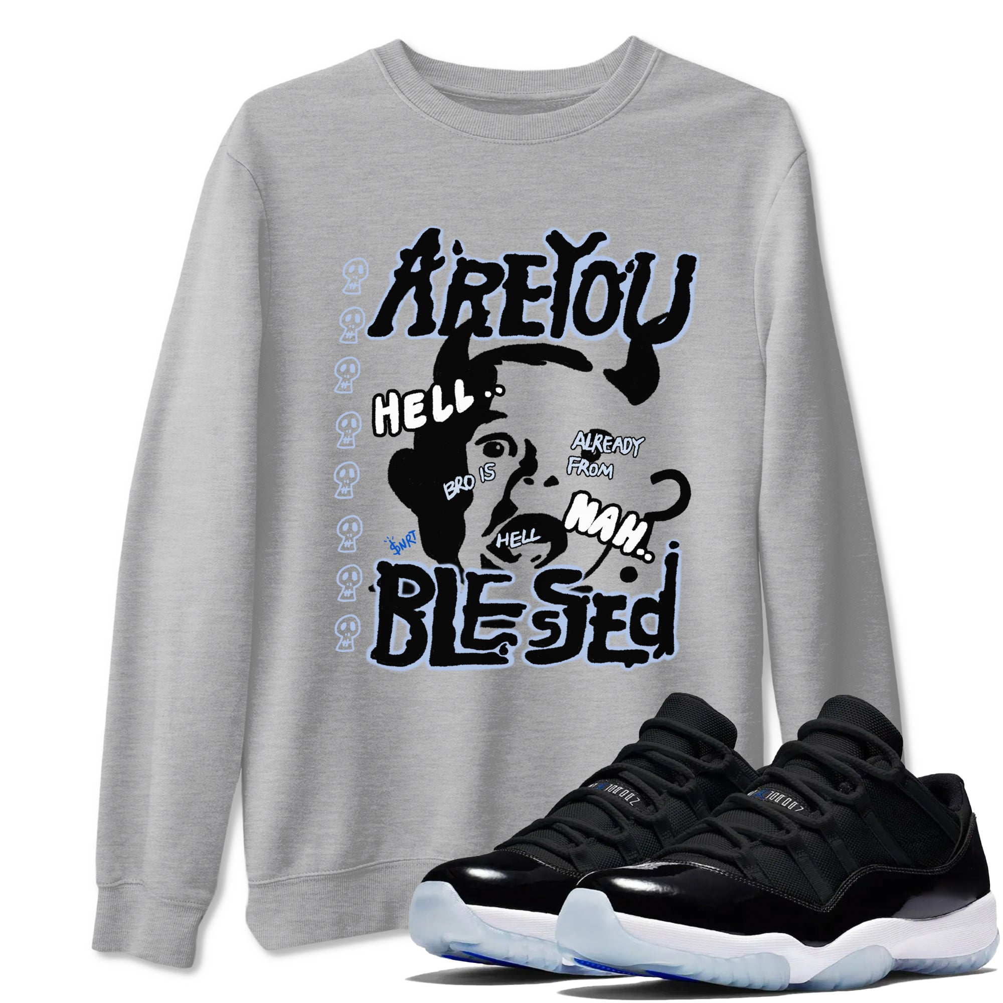 11s Low Space shirt to match jordans Are You Blessed sneaker tees Air Jordan 11 Black/Varsity Royal SNRT Sneaker Release Tees unisex cotton Heather Grey 1 crew neck shirt