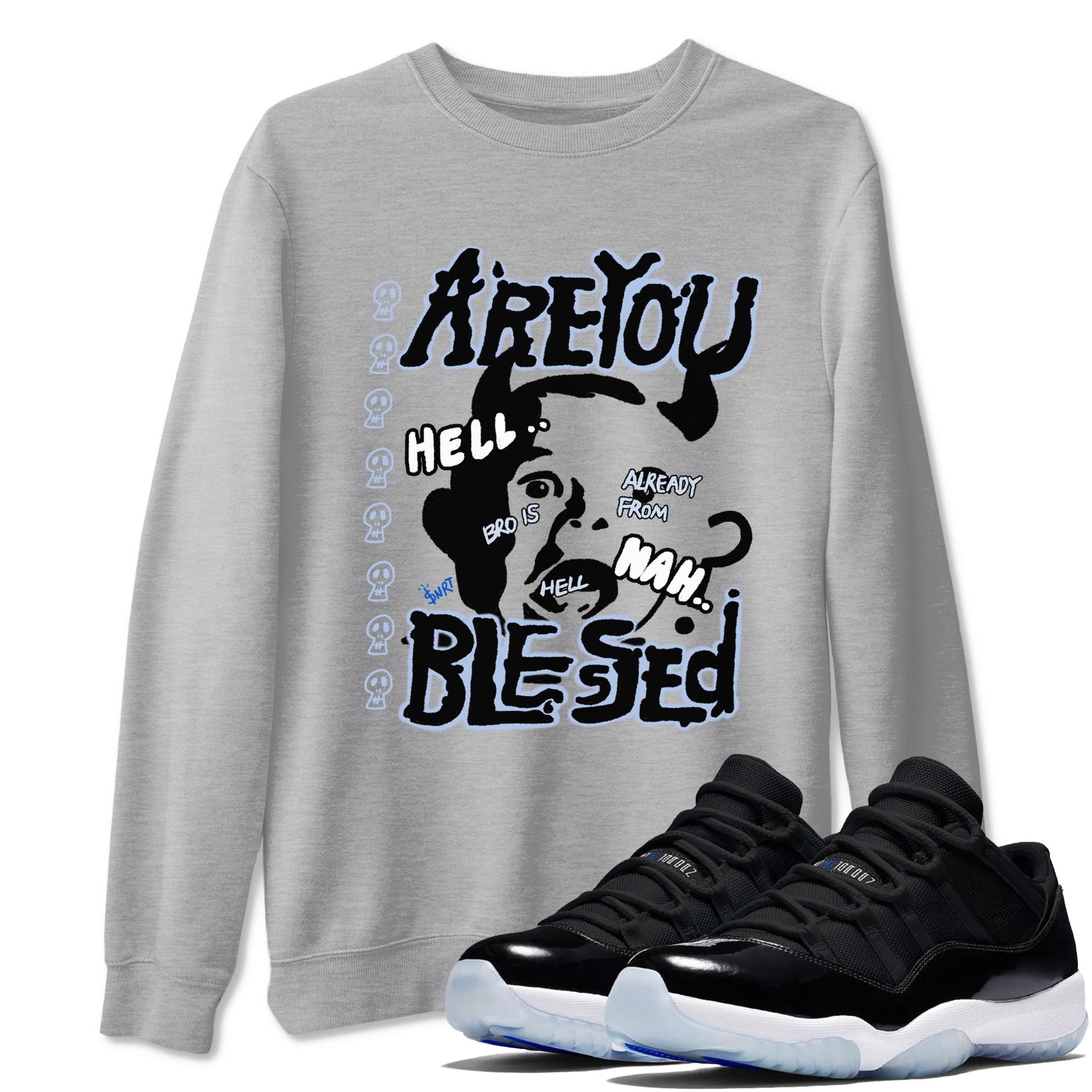 11s Low Space shirt to match jordans Are You Blessed sneaker tees Air Jordan 11 Black/Varsity Royal SNRT Sneaker Release Tees unisex cotton Heather Grey 1 crew neck shirt