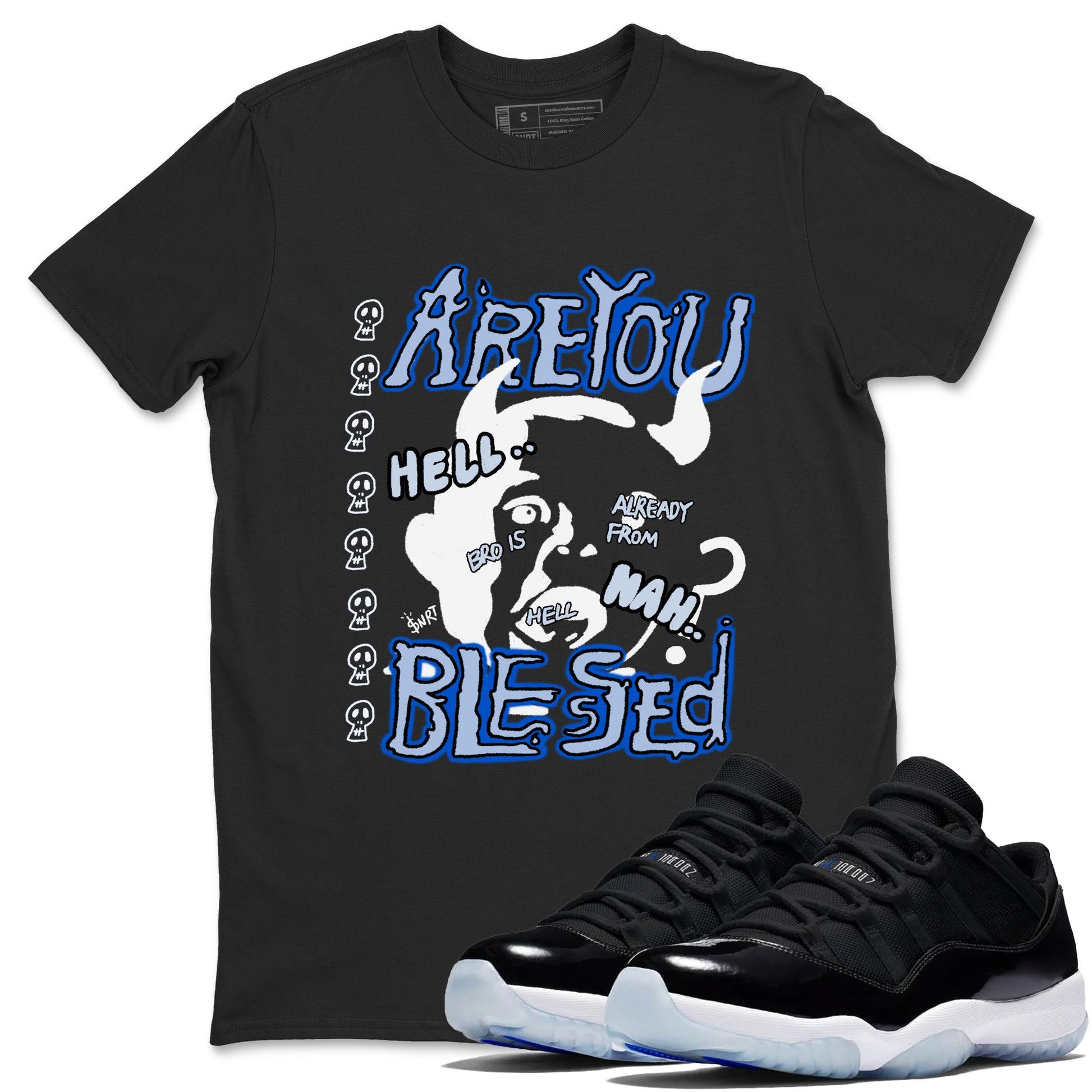 11s Low Space shirt to match jordans Are You Blessed sneaker tees Air Jordan 11 Black/Varsity Royal SNRT Sneaker Release Tees unisex cotton Black 1 crew neck shirt