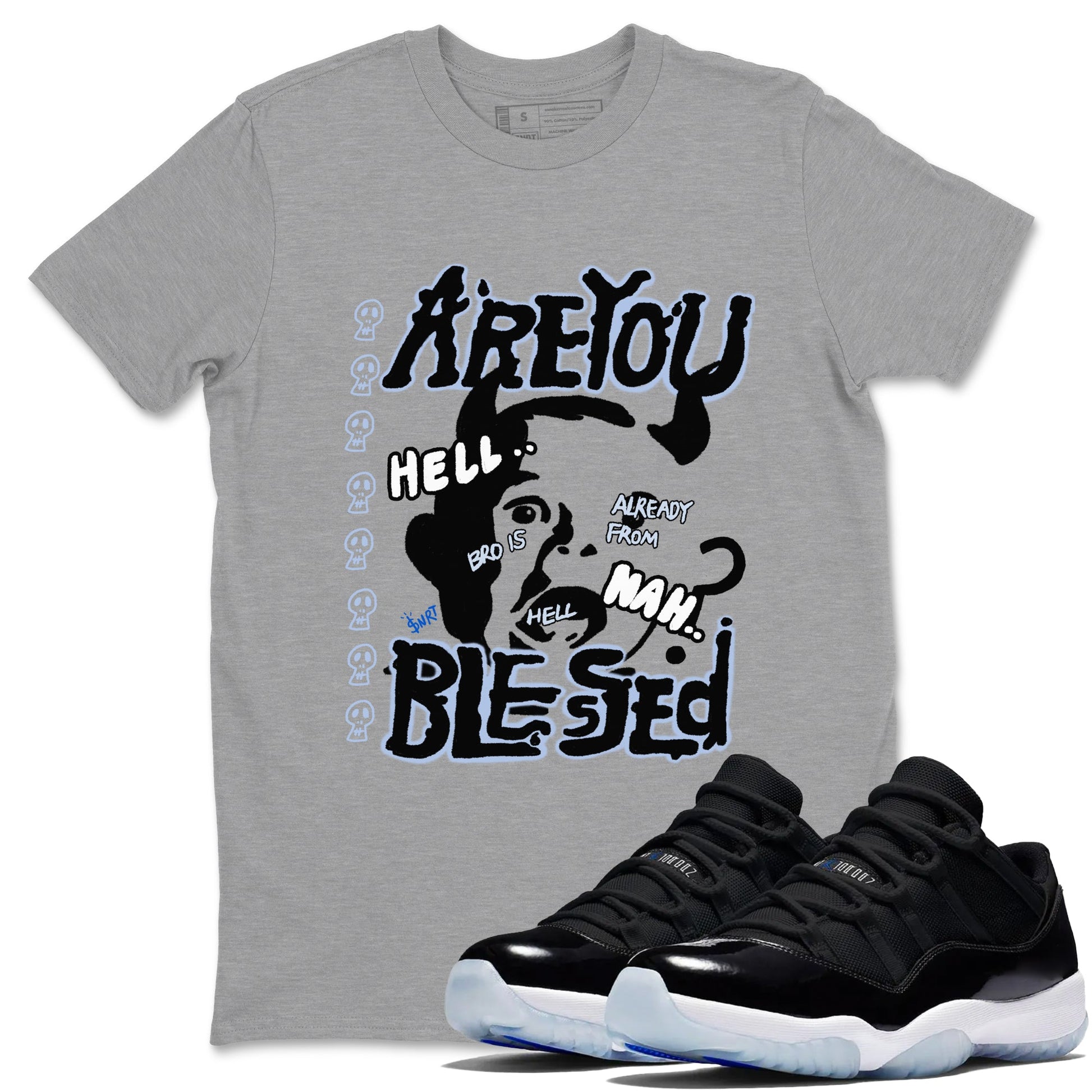 11s Low Space shirt to match jordans Are You Blessed sneaker tees Air Jordan 11 Black/Varsity Royal SNRT Sneaker Release Tees unisex cotton Heather Grey 1 crew neck shirt