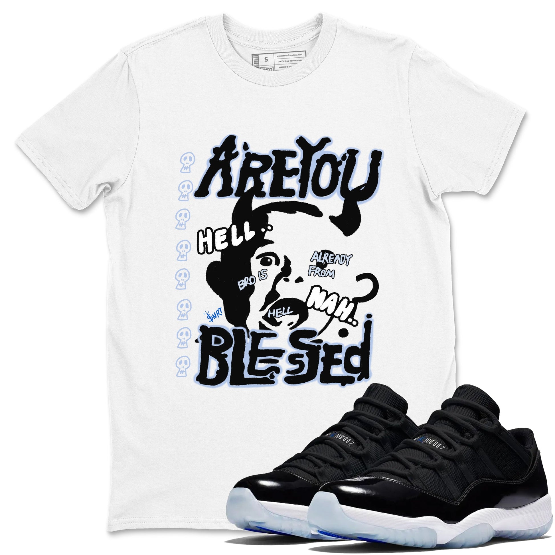 11s Low Space shirt to match jordans Are You Blessed sneaker tees Air Jordan 11 Black/Varsity Royal SNRT Sneaker Release Tees unisex cotton White 1 crew neck shirt