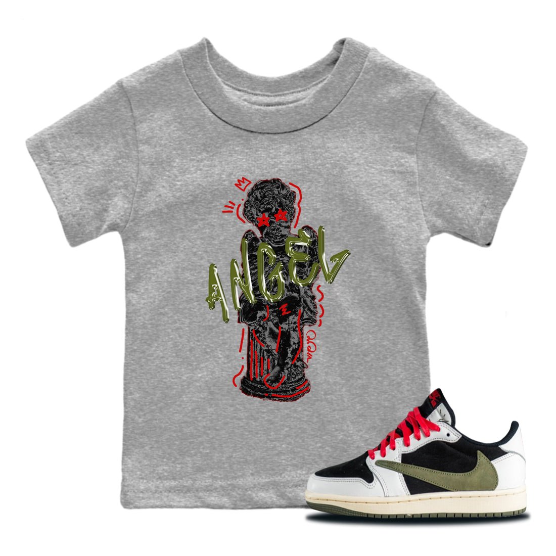 Air Jordan 1 Travis Scott Olive Sneaker Match Tees Baby Angel Sneaker Tees AJ1 OG Travis Scott Olive Sneaker Release Tees Kids Shirts Heather Grey 1