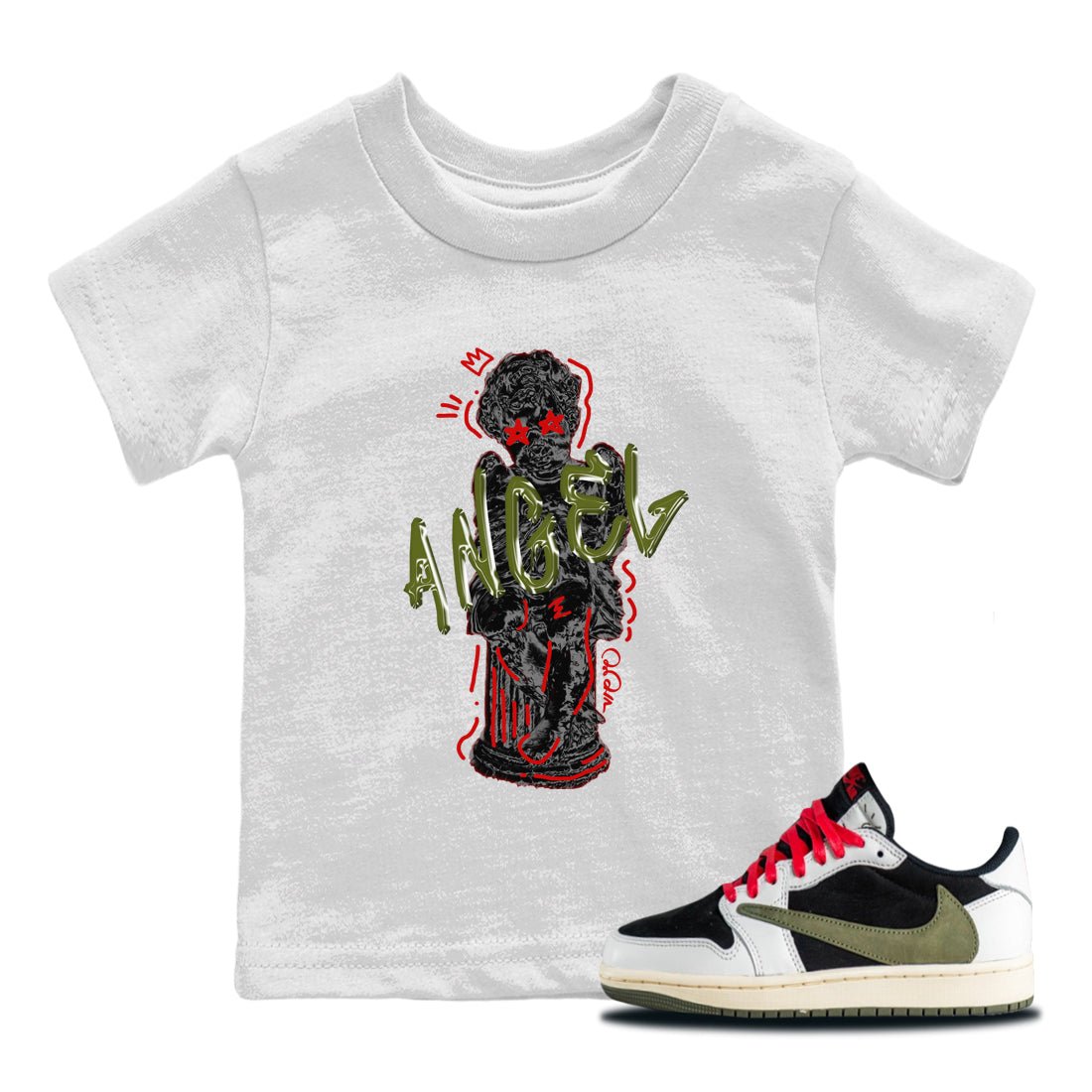 Air Jordan 1 Travis Scott Olive Sneaker Match Tees Baby Angel Sneaker Tees AJ1 OG Travis Scott Olive Sneaker Release Tees Kids Shirts White 1