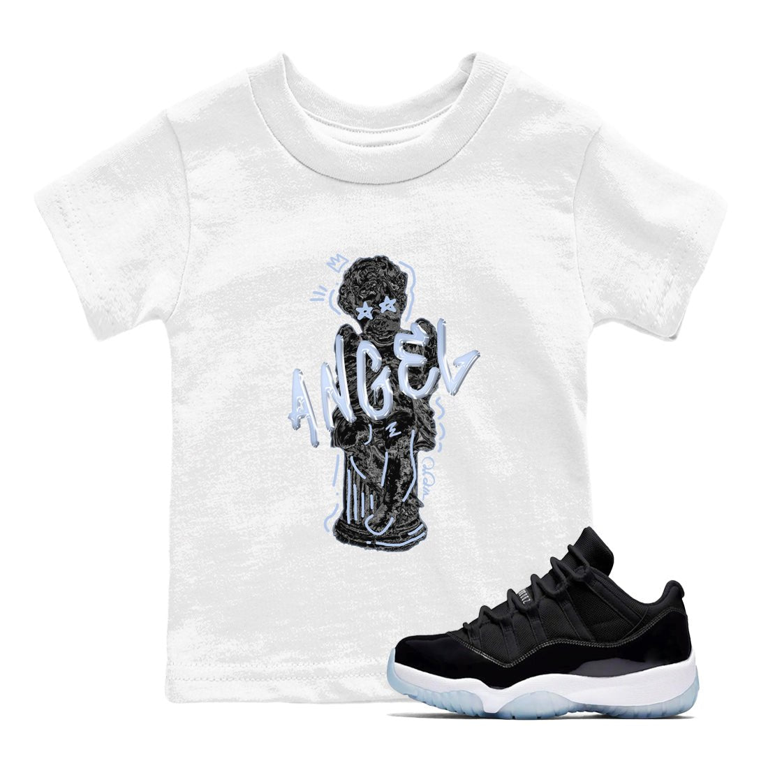 11s Black and Varsity Royal shirt to match jordans Baby Angel sneaker tees Air Jordan 11 Black/Varsity Royal SNRT Sneaker Release Tees Baby Toddler White 1 T-Shirt
